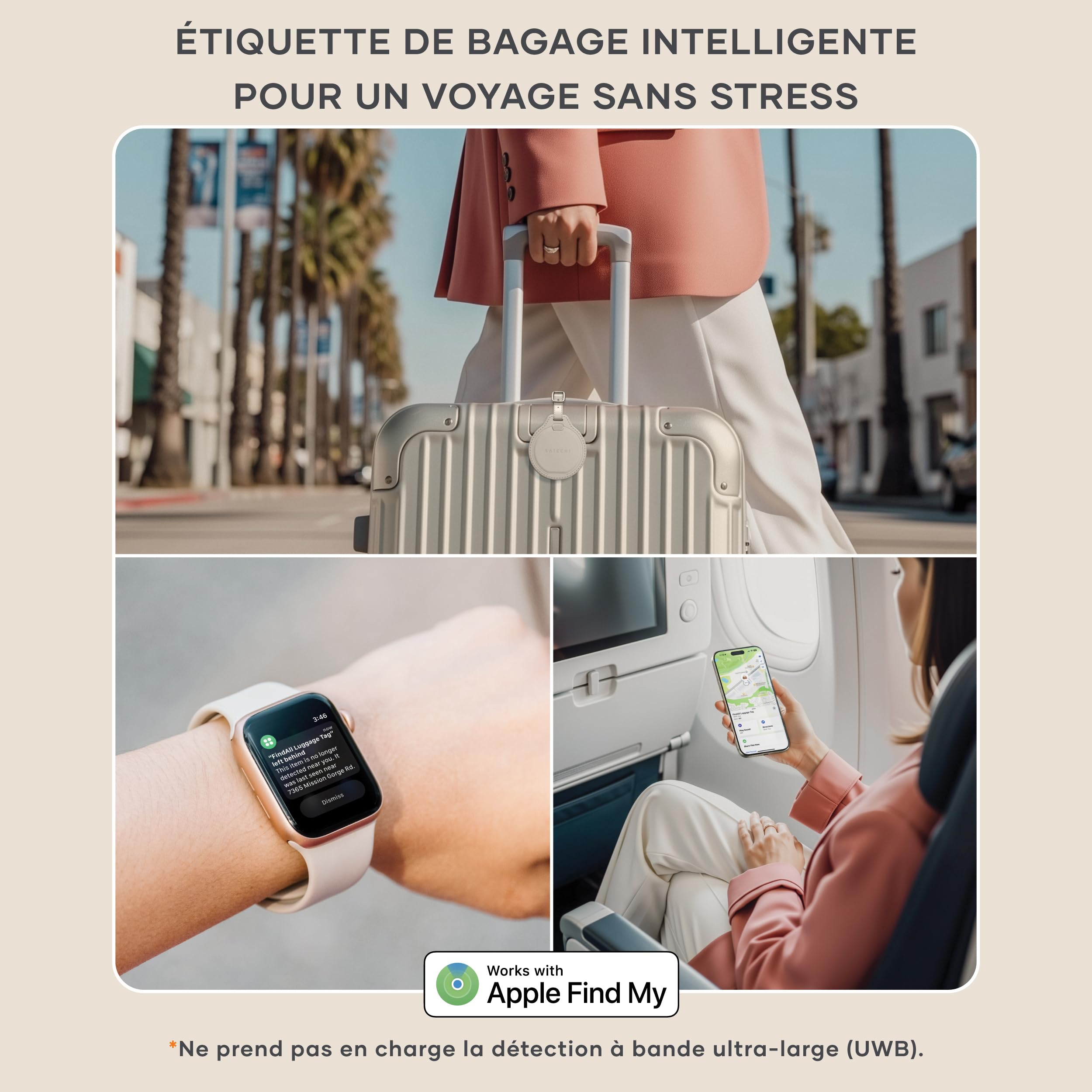 SATECHI FindAll Traceur GPS pour Bagage, Apple Find My, Beige | Localisateur Bluetooth, recharge sans fil, compatible TSA, alertes d'oubli puissantes, pour iPhone, iPad, Mac