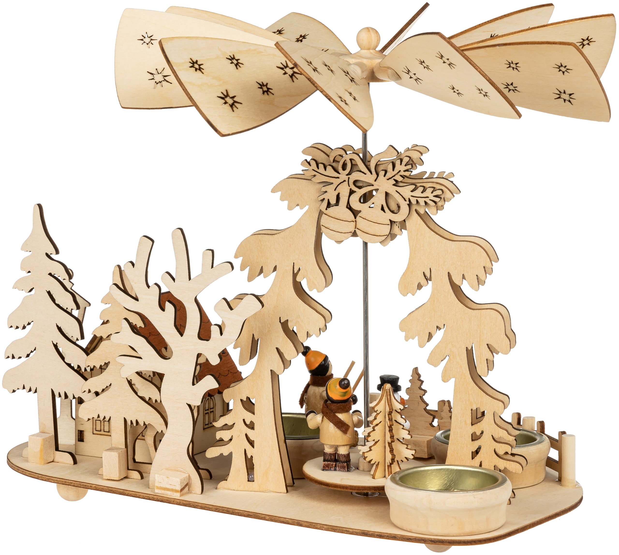 SIKORA P35e 2-in-1 Holz Teelicht Weihnachtspyramide Deko Pyramide Räucherfigur Wald mit rauchender Hütte