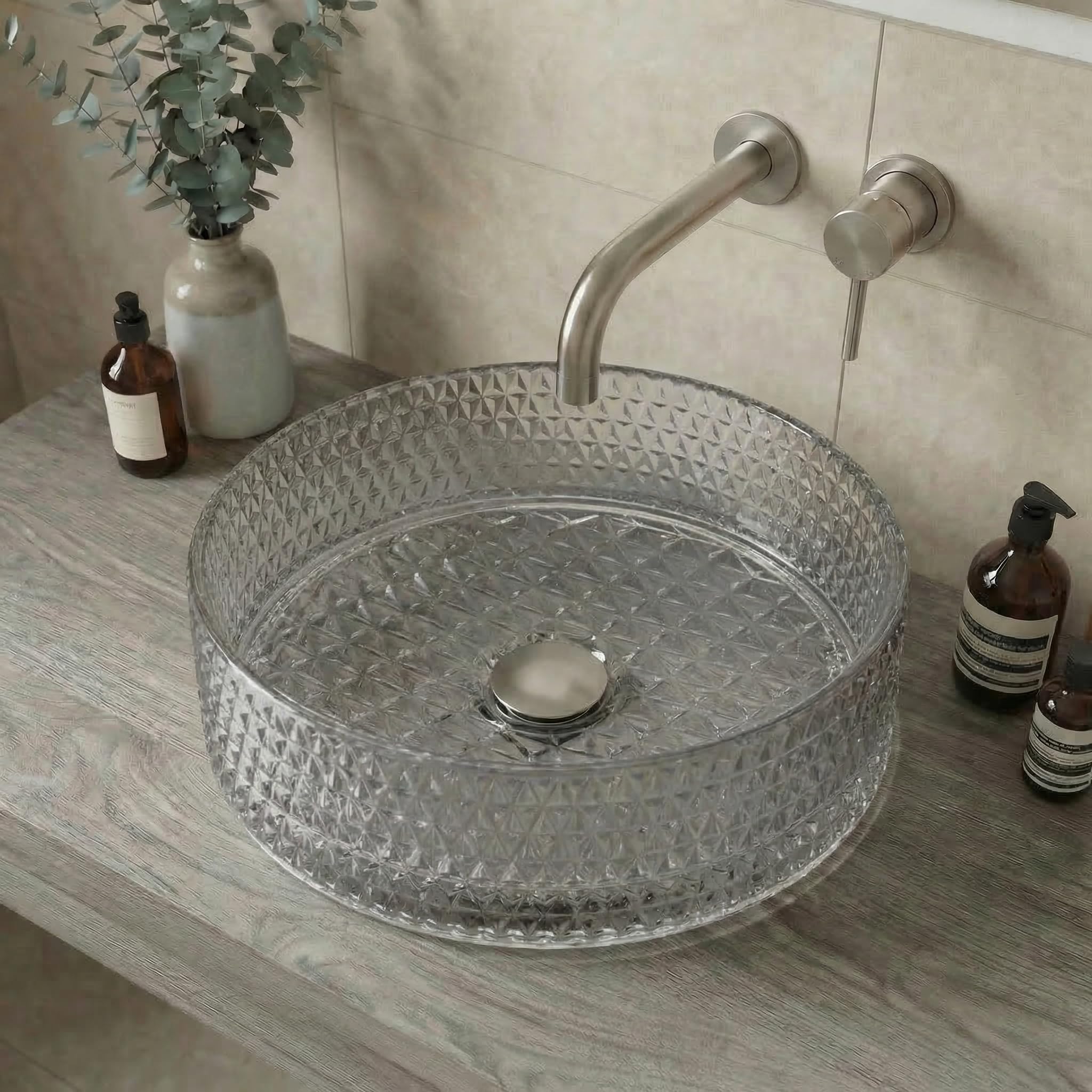 Baystone Clear Glass Baystone® Countertop Basin For Bathroom And Cloakroom Hand Wash Basins Sink Crystal Glass Round, 353 X 353Mm