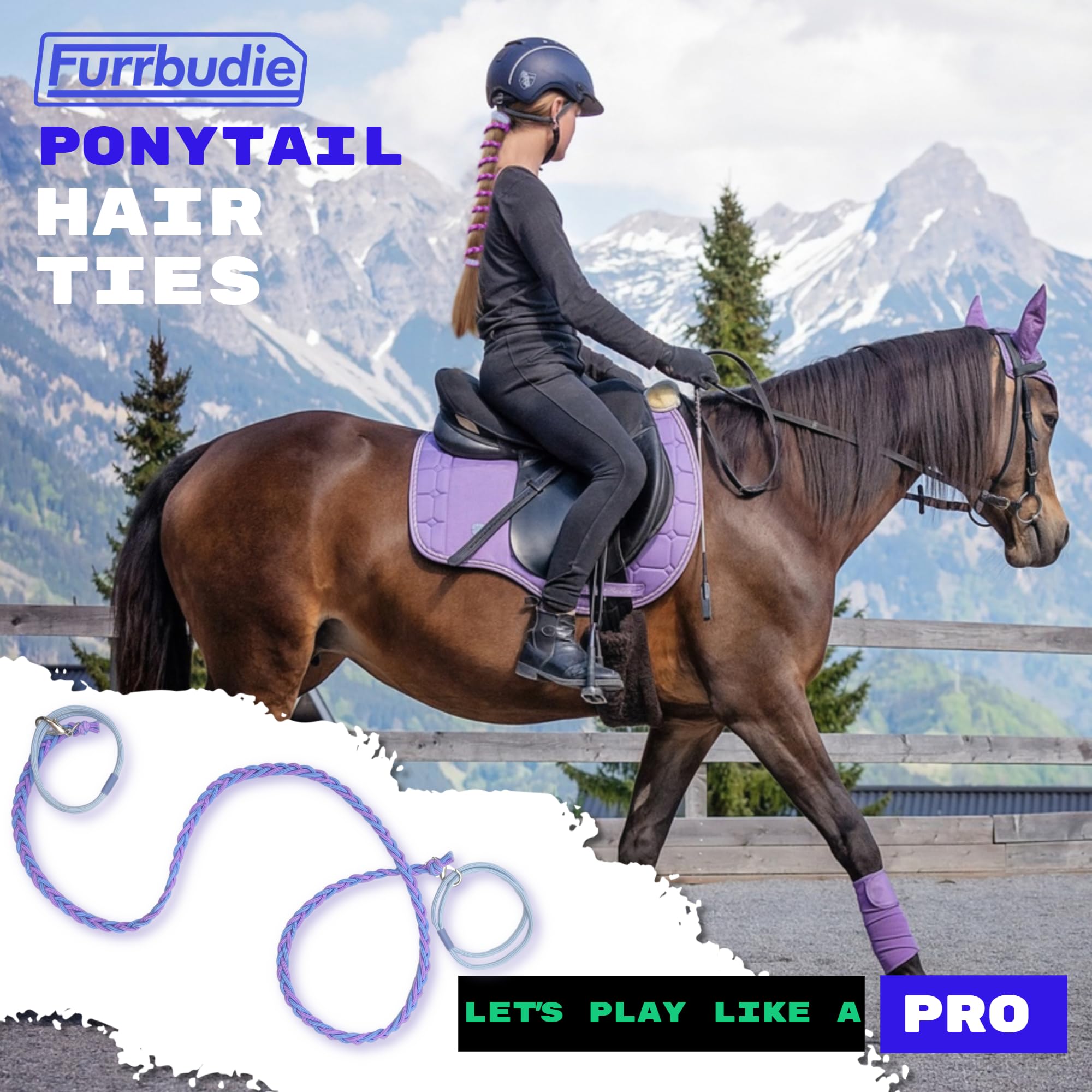 25"/64cm Rip Tie Hair Ties Ponytail Holders for Water Sports Hair Bobbles for Thick Hair Scrunchies No Damage Strong Braided Pony Tails Ties fixed Curly Hair Surfing Swimming Riding (GreenPurple) - Image 2