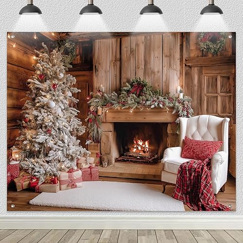 Miniatura 2 de Telón de fondo de chimenea de cabaña de Navidad de 8 x 6 pies para fotografía, pancarta rústica de vacaciones con árbol de Navidad blanco y fondo