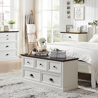 Farmhouse 5 Drawers Dresser for Bedroom, 45" Wide Chest of Drawers, 21" Tall Storage Closet Bench Storage Chest Storage Trunk, Wood Rustic Dresser for Closet, Living Room, Hallway, White