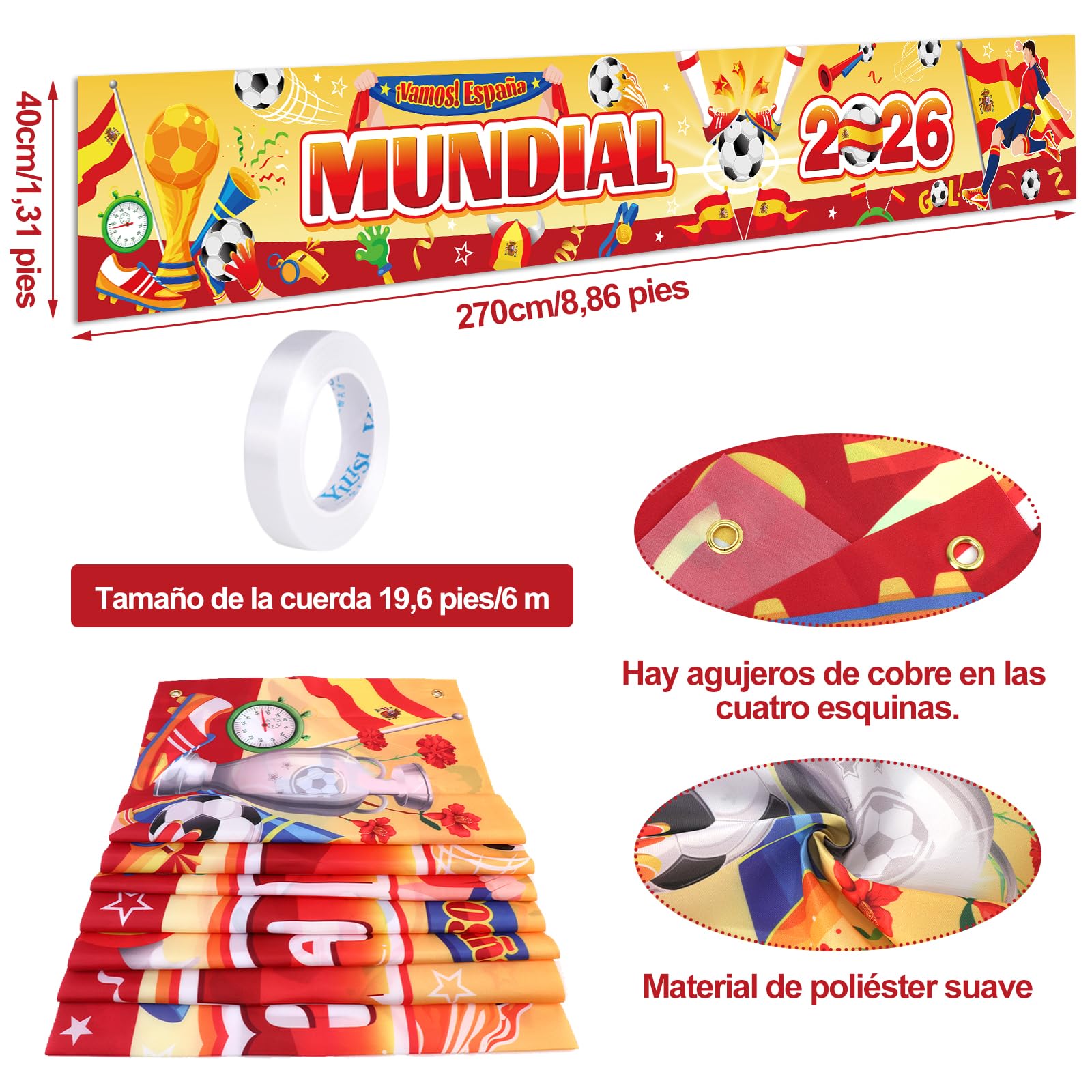 DPKOW Decoración 2026 Mundial Pancarta España Aficionados, Fútbol Copa del Mundo España Animación Accesorios Artículos Mundial 2026 Espana Selección Fútbol, 270 * 40cm - 3