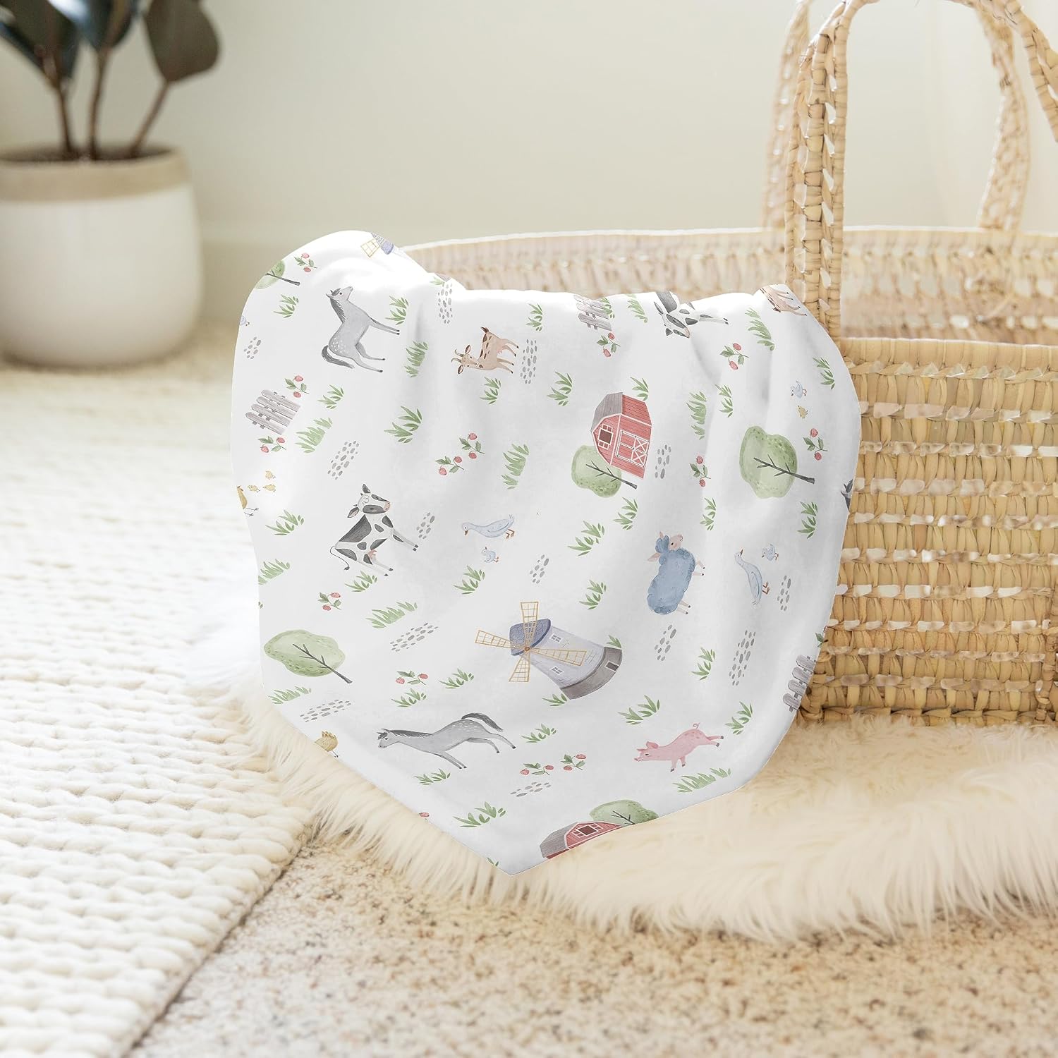 Sweet Jojo Designs Farm Animals Boy or Girl Swaddle Blanket Jersey Stretch Knit for Newborn or Infant Receiving Security - Watercolor Farmhouse Horse Cow Sheep Pig Farm Life Gender Neutral