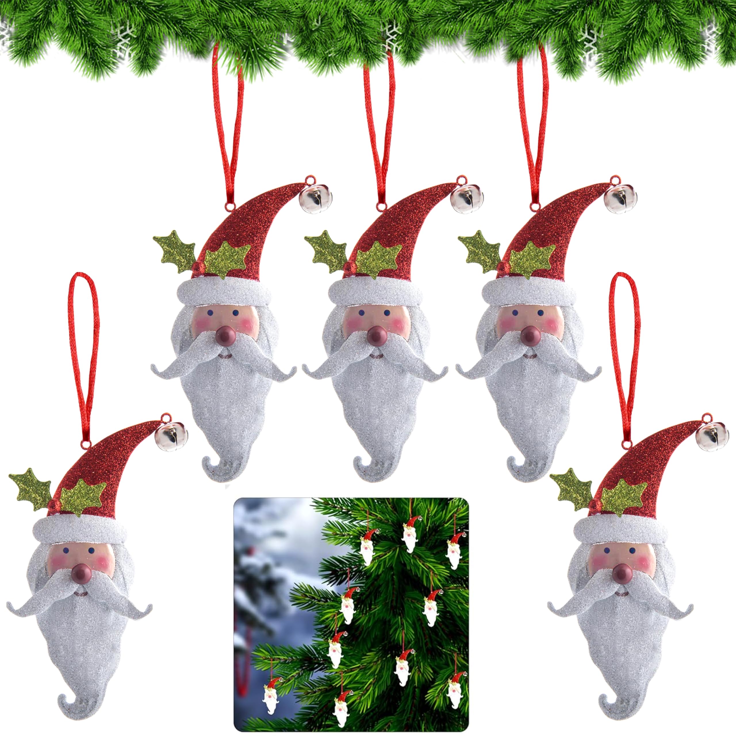 5PCs Glittered Santa Claus Hanging Christmas Decorations, String Attached Xmas Tree Hanging Ornaments Decorative Home Accessories 19cm