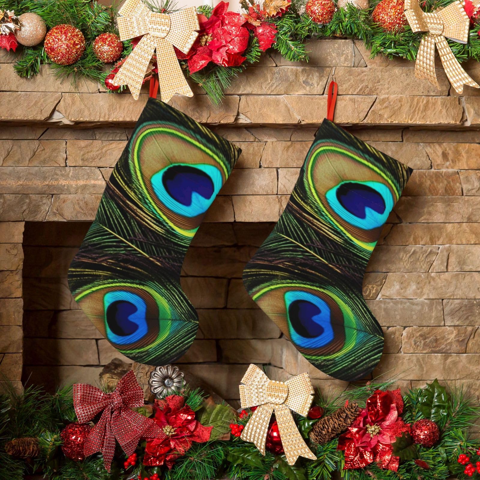 KLOPH Christmas Stockings 18" Personalized Xmas Stocking Peacock Feathers Decoration Stocking Hanging Fireplace Stocking for Holiday Xmas Tree Christmas Fireplace Decor