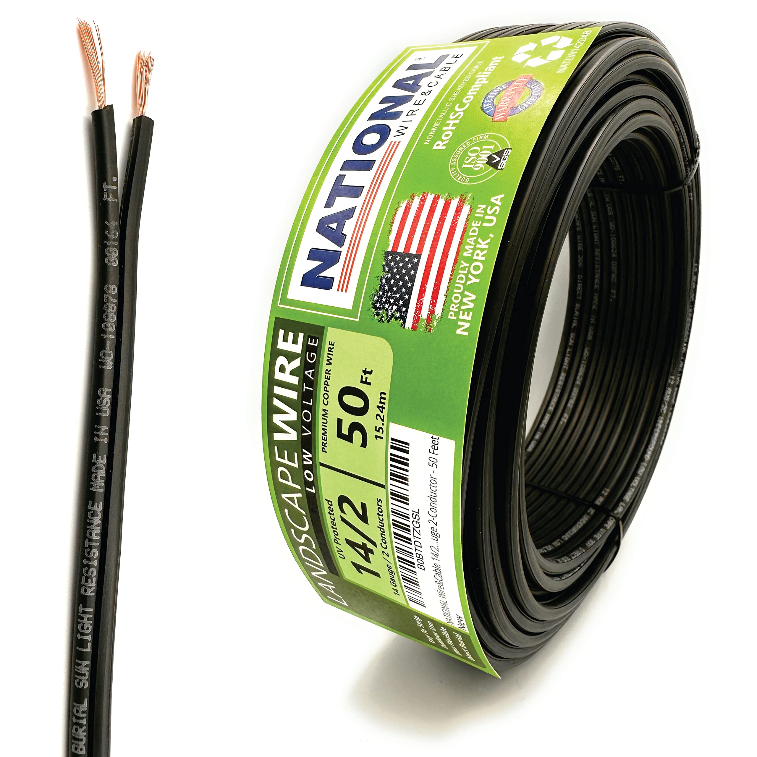 NATIONAL Wire&Cable 14/2 Low Voltage Landscape Lighting Copper Wire - Made in USA - 14-Gauge 2-Conductor - 50 Feet