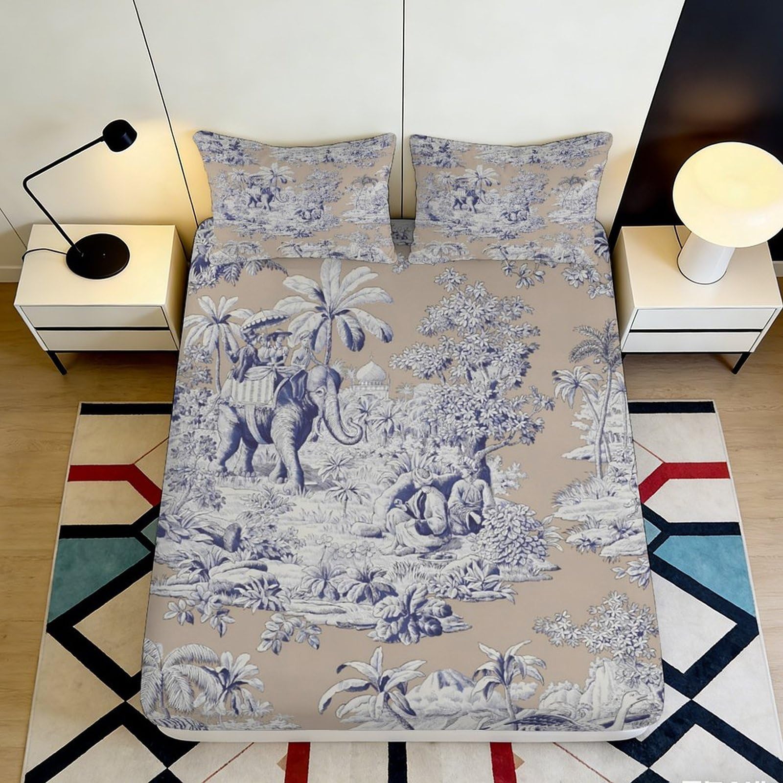 3D Printed Pastoral Blue Toile Fitted Sheet Microfiber Non-slip Bed Cover for Bedroom Guest Room Decor 90x200x25cm