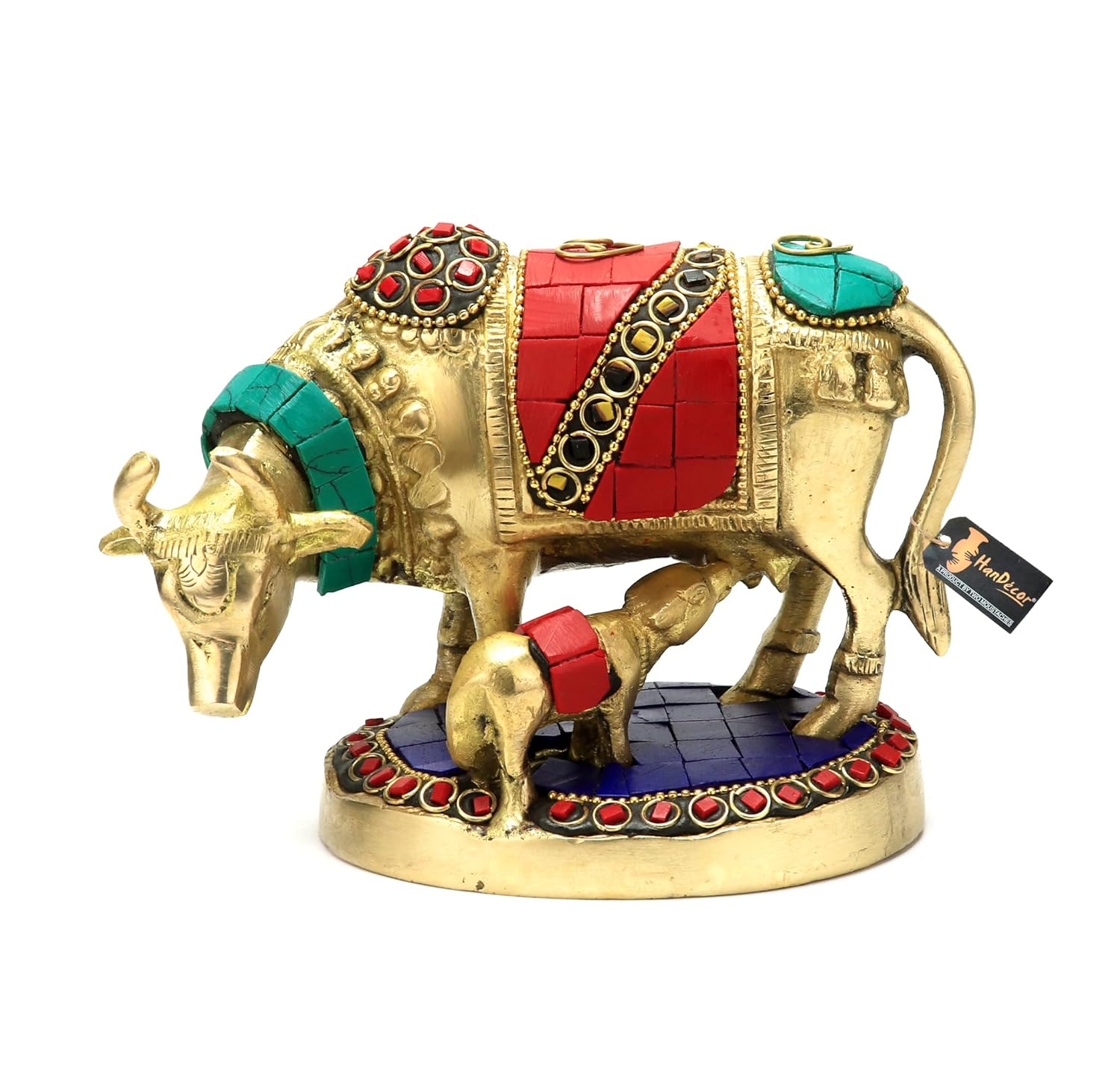Two Moustaches Gemstone Work 5.5 Inches Kamdhenu Cow Brass Showpiece, Standard, Multicolor, Pack of 1