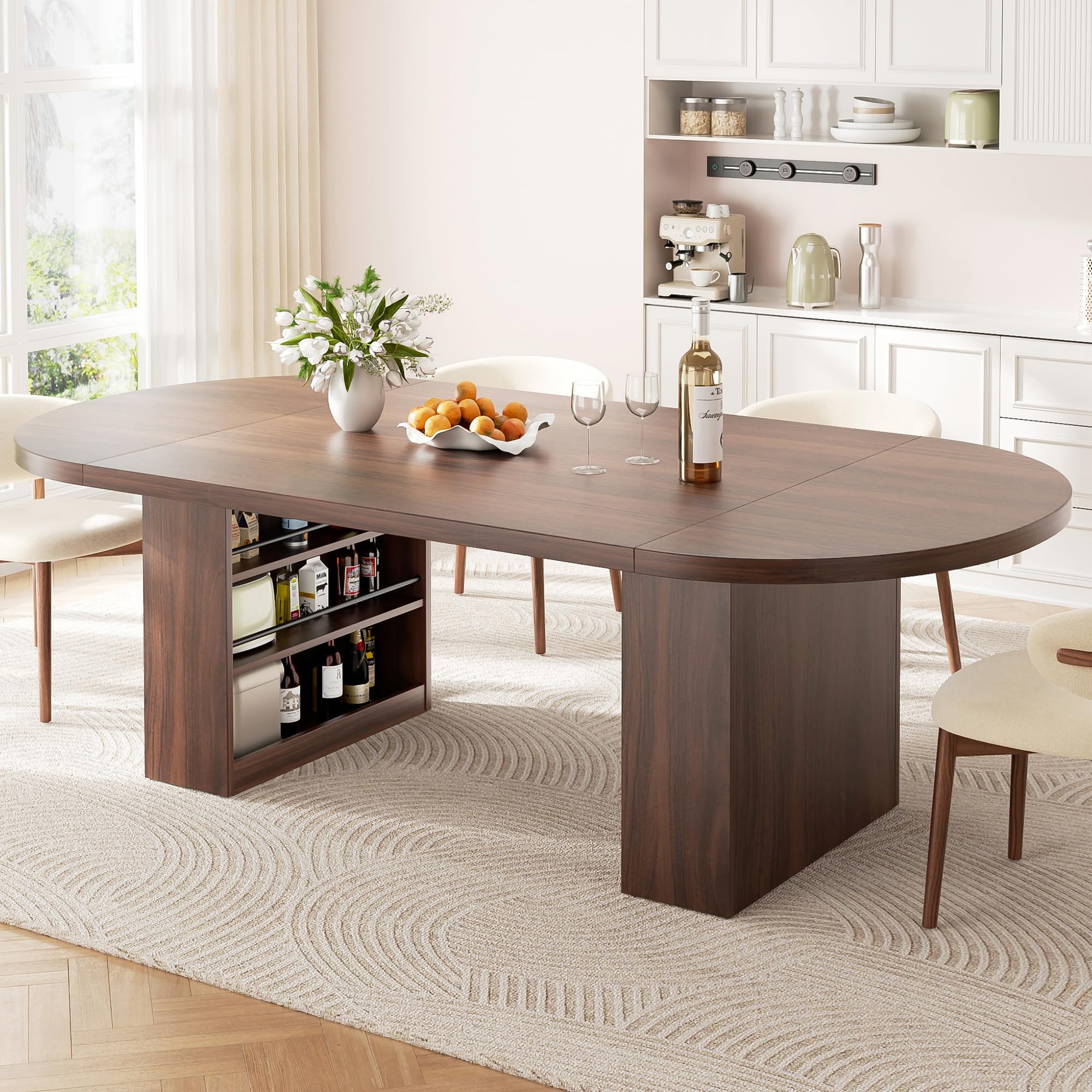 Jocoevol Esstisch 180x80 cm Oval, Massiver Küchentisch mit Stauraum in Seitenschränken, Esszimmertisch für 6-8 Personen, Robust bis 180 kg für Küchen und Esszimmer, Nussbaum