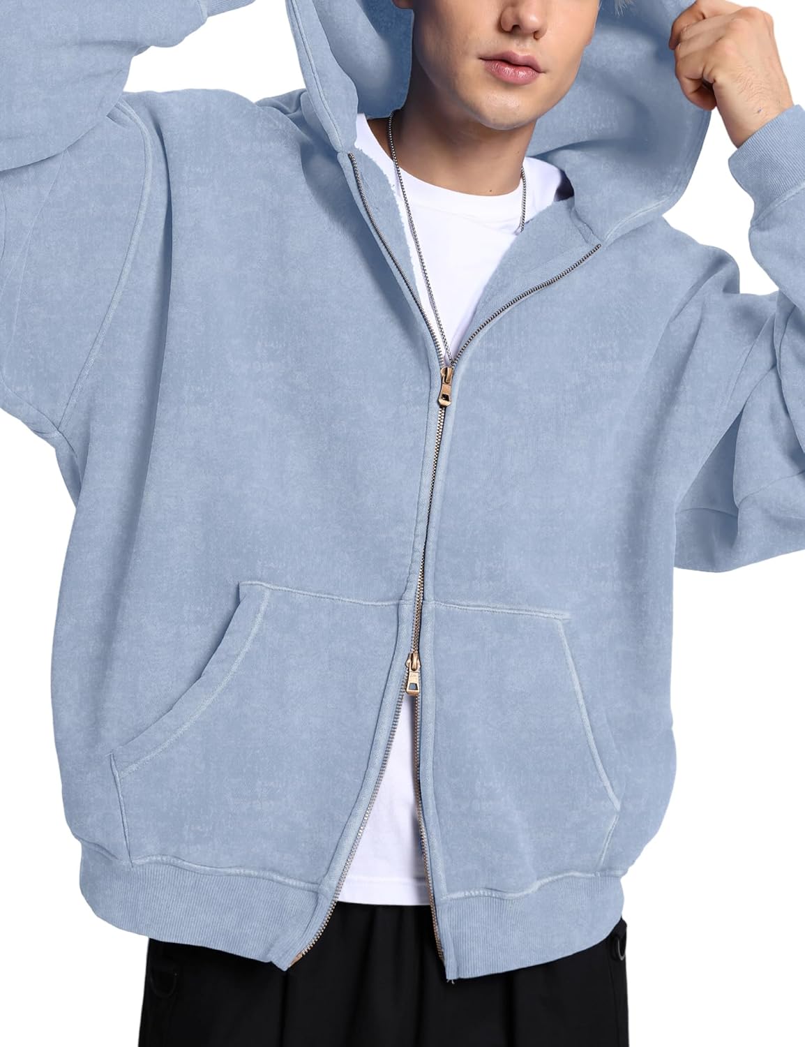 FAIABLE Womens Mens Double Zip Up Hoodie Oversized Acid Wash Heavyweight Hoodie Distress Cotton Fleece Full Zipper Sweatshirt - Image 3