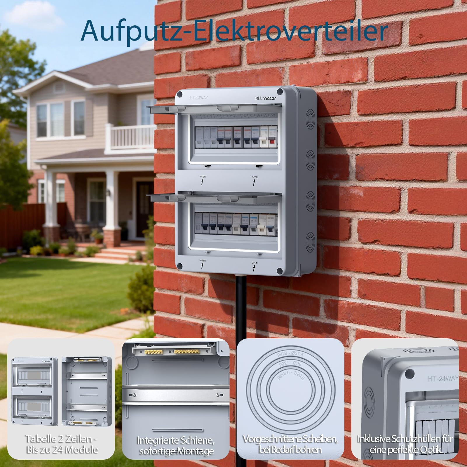 Verteilerkasten Aufputz 24 Module, IP65 Sicherungskasten Aufputz mit transparenter Abdeckung, ABS Verteilerkasten für Innen- und Außenbereich, Wasserdicht & Staubdicht