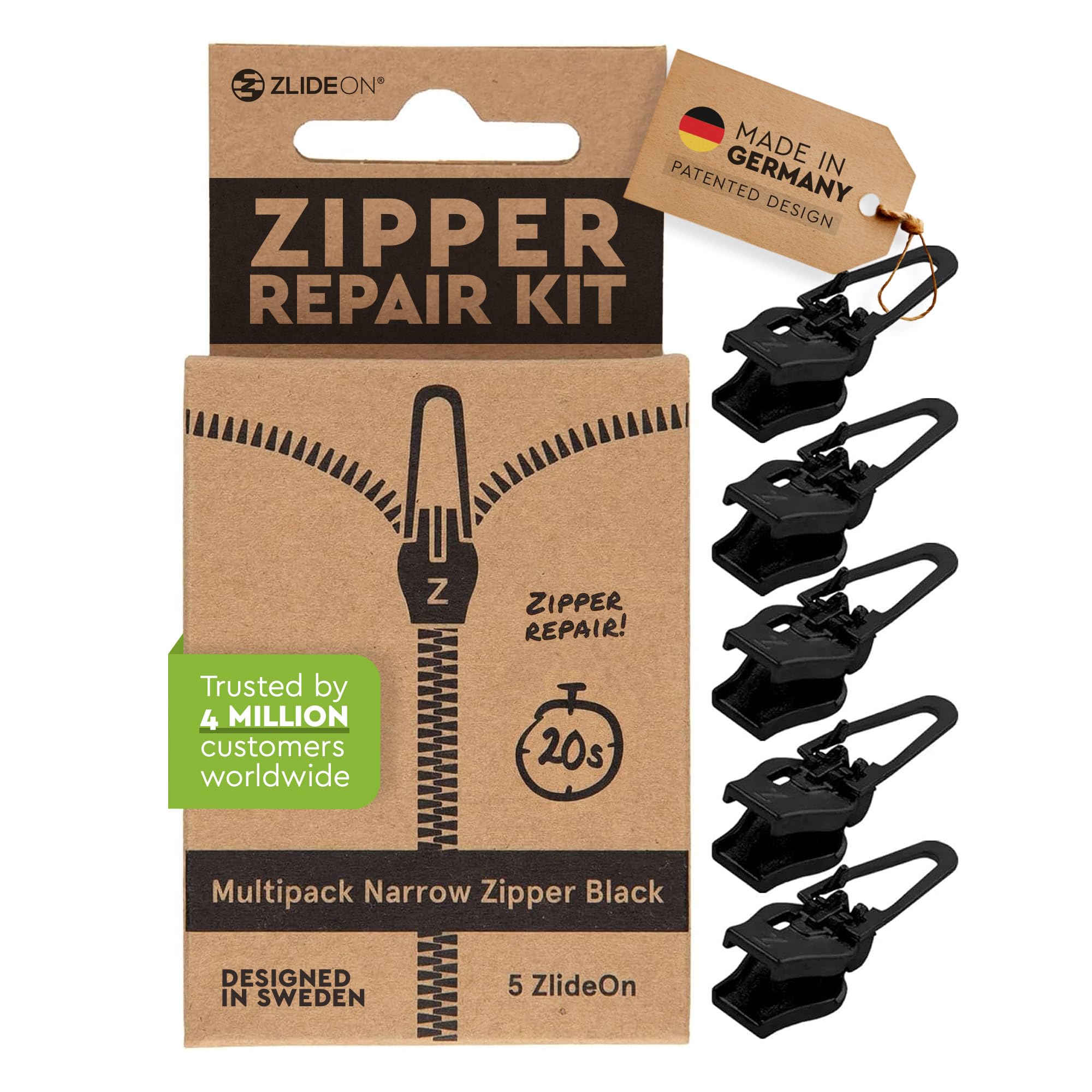 Zlideon Zipper Repair Kit for Narrow Zippers - 5pcs, Black | Instant Zipper Pull Replacement Slider for Dresses, Bedding, Hoodies, Light Jackets,
