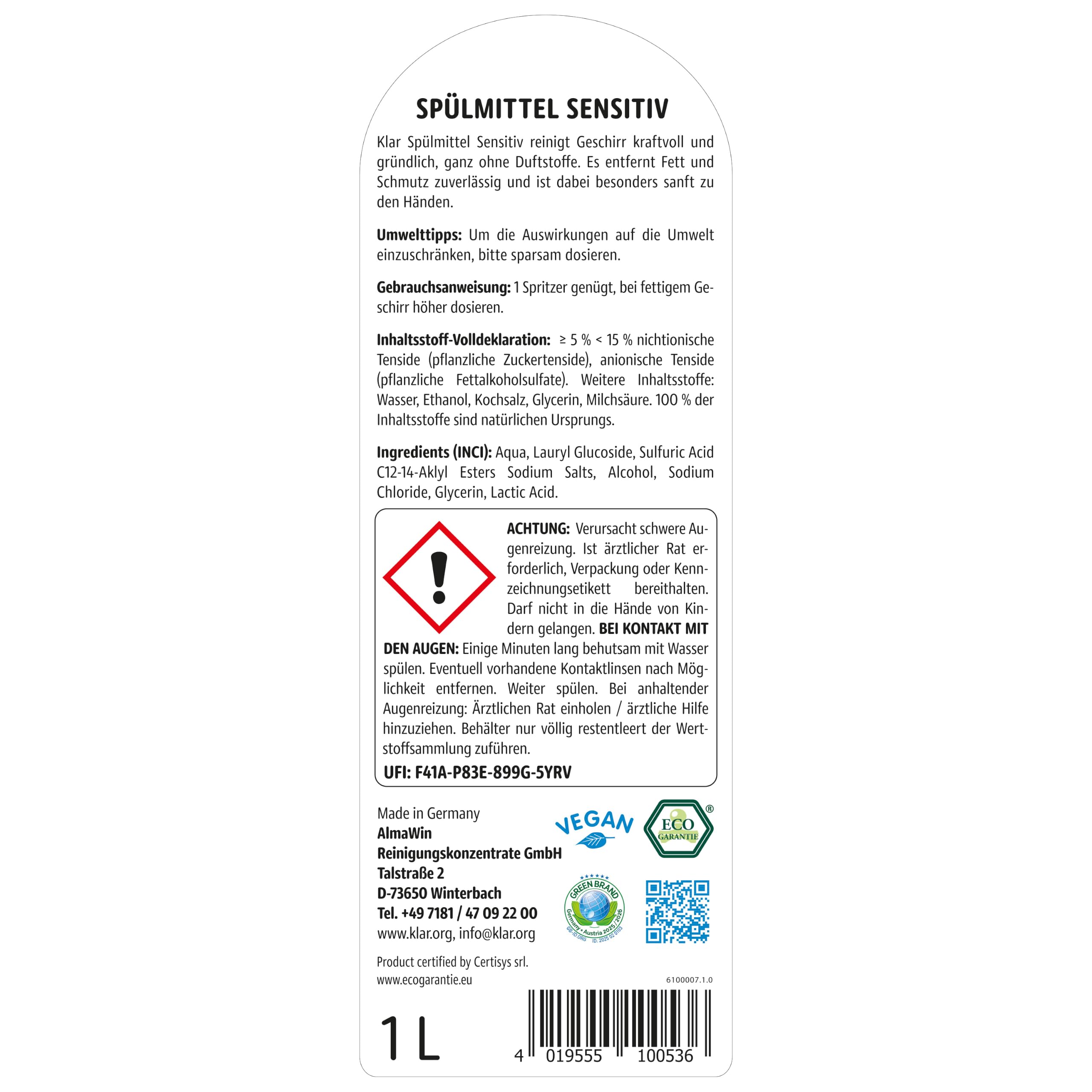 Klar EcoSensitive Spülmittel SENSITIV, 1l - Ohne Duft & hypoallergen