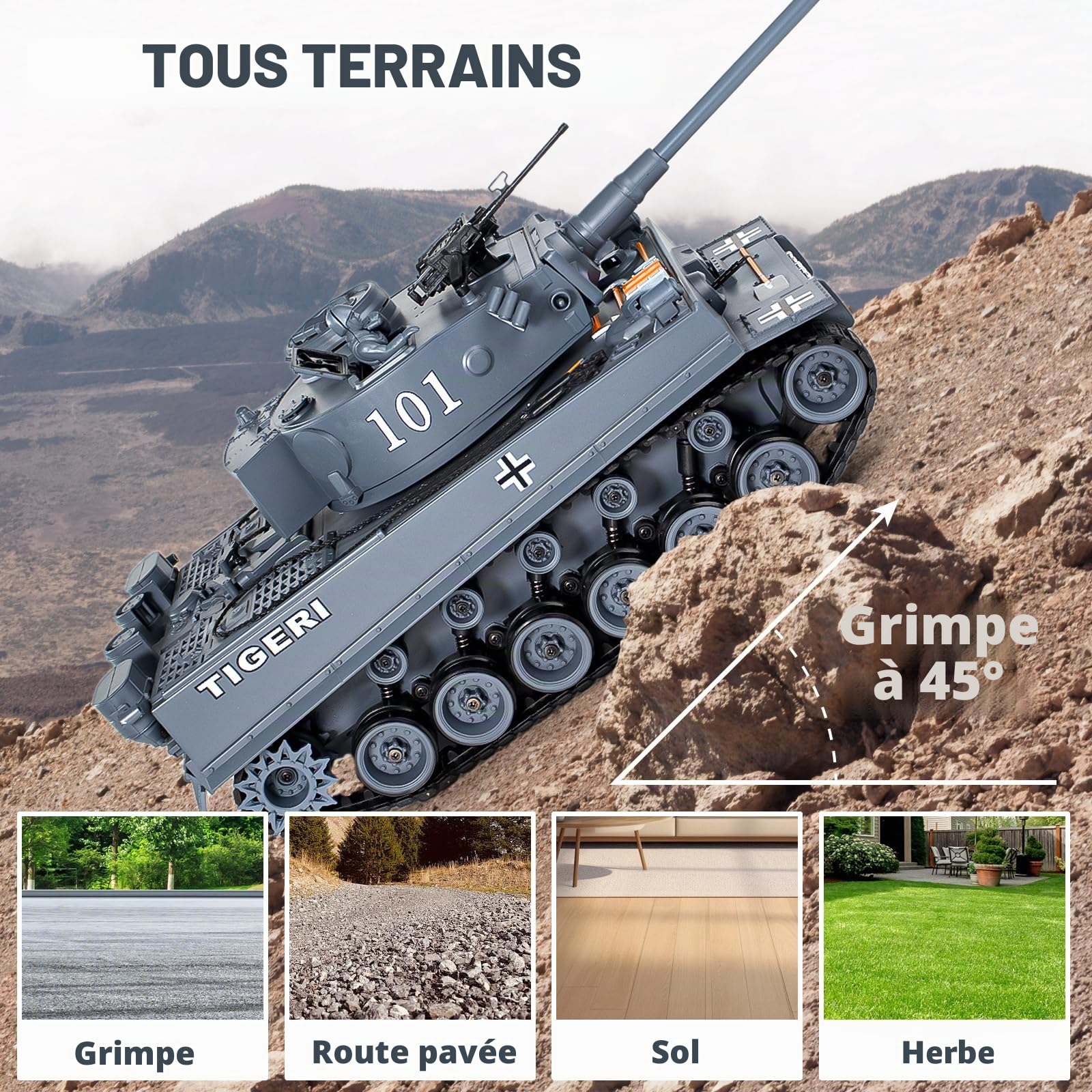 Supdex Tank Telecommandé Tiger I 1/18, Réservoir Télécommande Modèle Blindé de Combat 2,4GHz, Modèle Char de Combat, Crawler Réservoir Télécommandé avec Tir et Sons Réalistes pour Enfants et Adultes