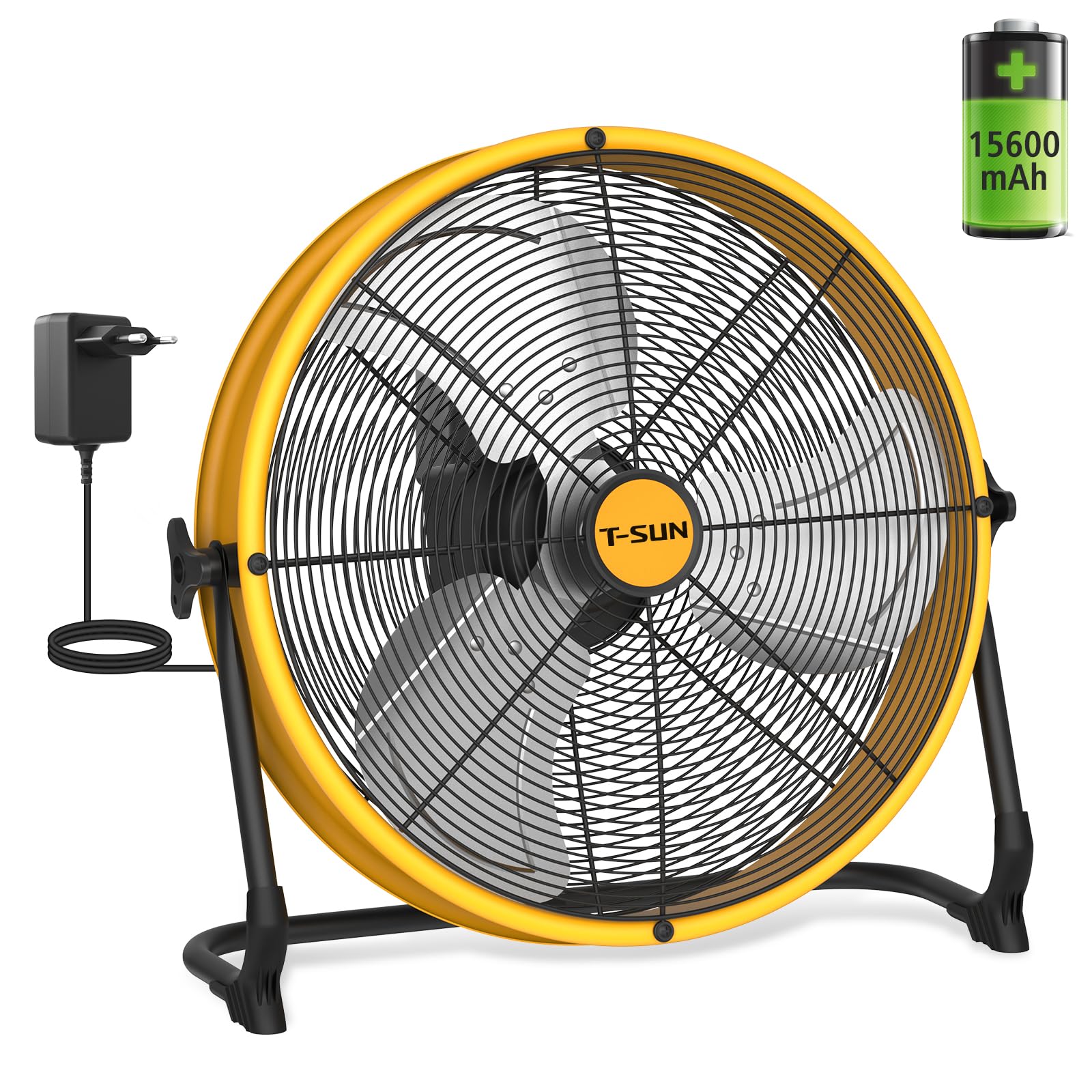 Ventilateur de Sol 40CM, Ventilateur Rechargeable avec 15600mAh, Portable Ventilateur sur Pied Silencieux, Réglage Continu de la Vitesse, Inclinable 360°, pour Garage, Rénovation, Camping, Chantier
