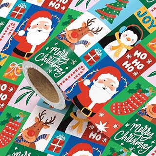 WRAPAHOLIC Christmas Wrapping Paper Roll - Mini Roll - 17 Inch x 16.5 Feet - Colorful Santa Reindeer Penguin Patchwork Design for Boys Girls Kids, Christmas, Winter Season, Holiday