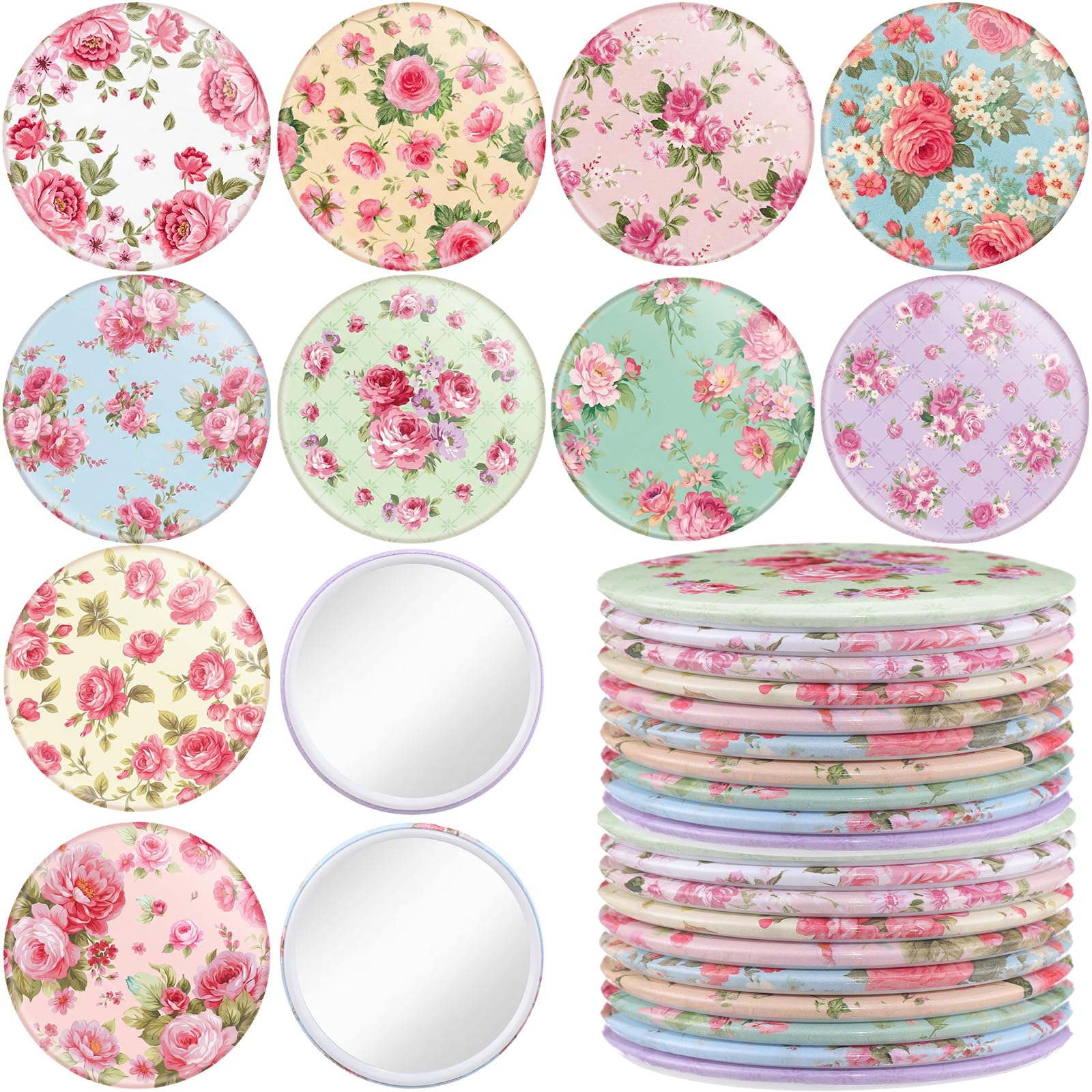 20 Pcs Rose Vintage Compact Mirrors Bulk for Women 2.76 in Round Floral Pocket Makeup Mirror Gifts for Tea Party Birthday Bridal Baby Shower Wedding Party Supplies Decor