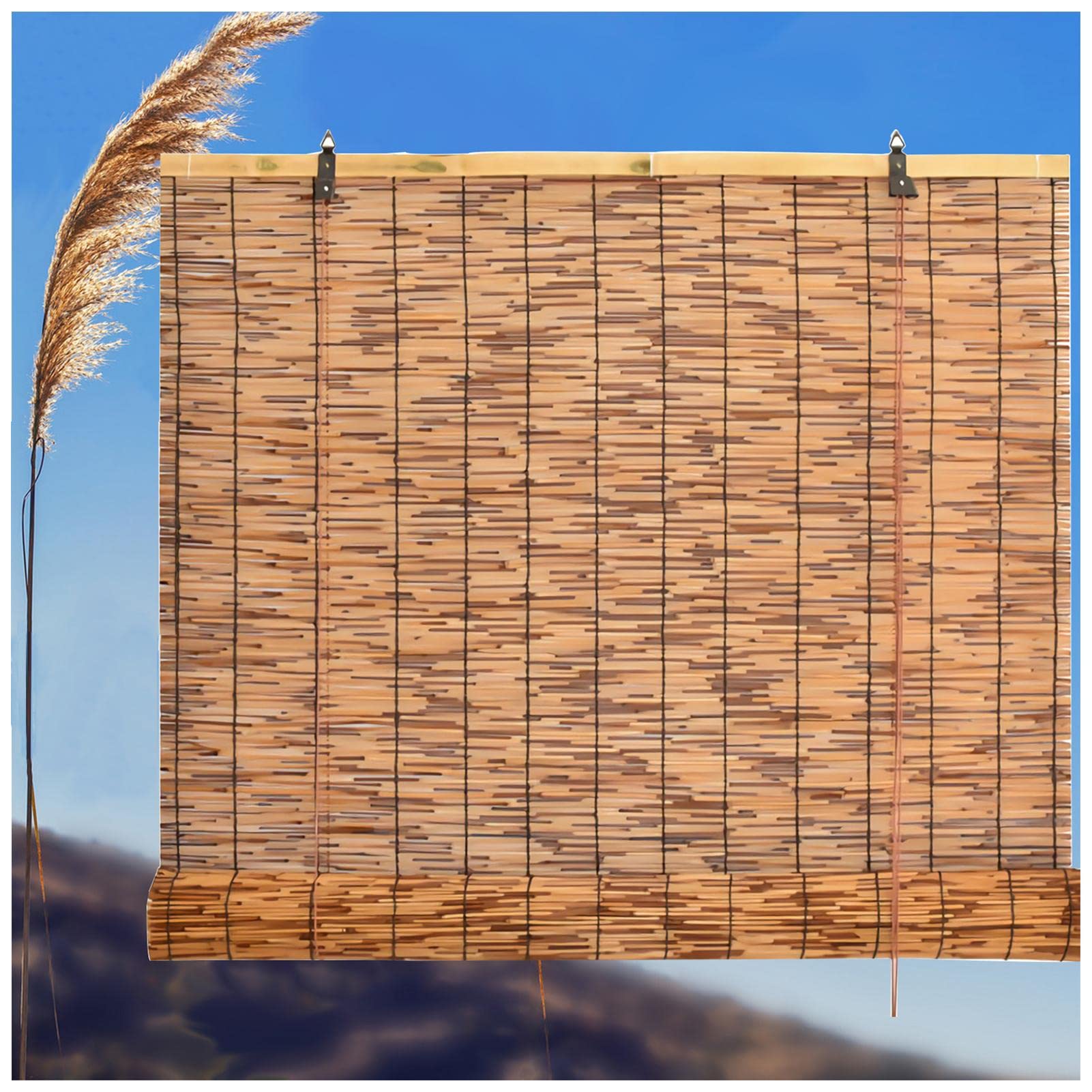 Louver Window,Reed Curtain,70% Shading Rate,Roller Blinds Bamboo Shades for Patio,Hand-Woven Carbonization Blind Sun Shade,Breathable,for Outdoor/Patio/Door (Size:W140xH140cm/55.1x55.1in)
