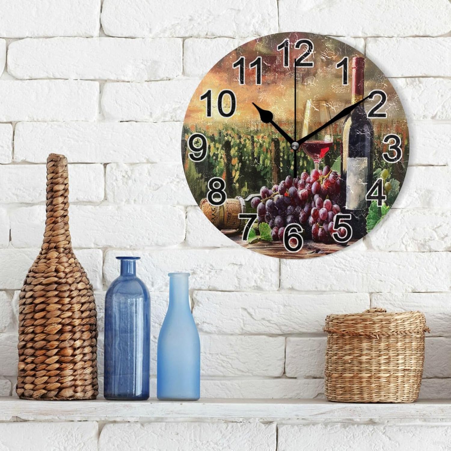 Grapes Wine Glass Bottle Wall Clock Non Ticking Silent Kitchen Clock Large Decorative Battery Operated Clocks 10 inch for Living Room Bedroom Decor