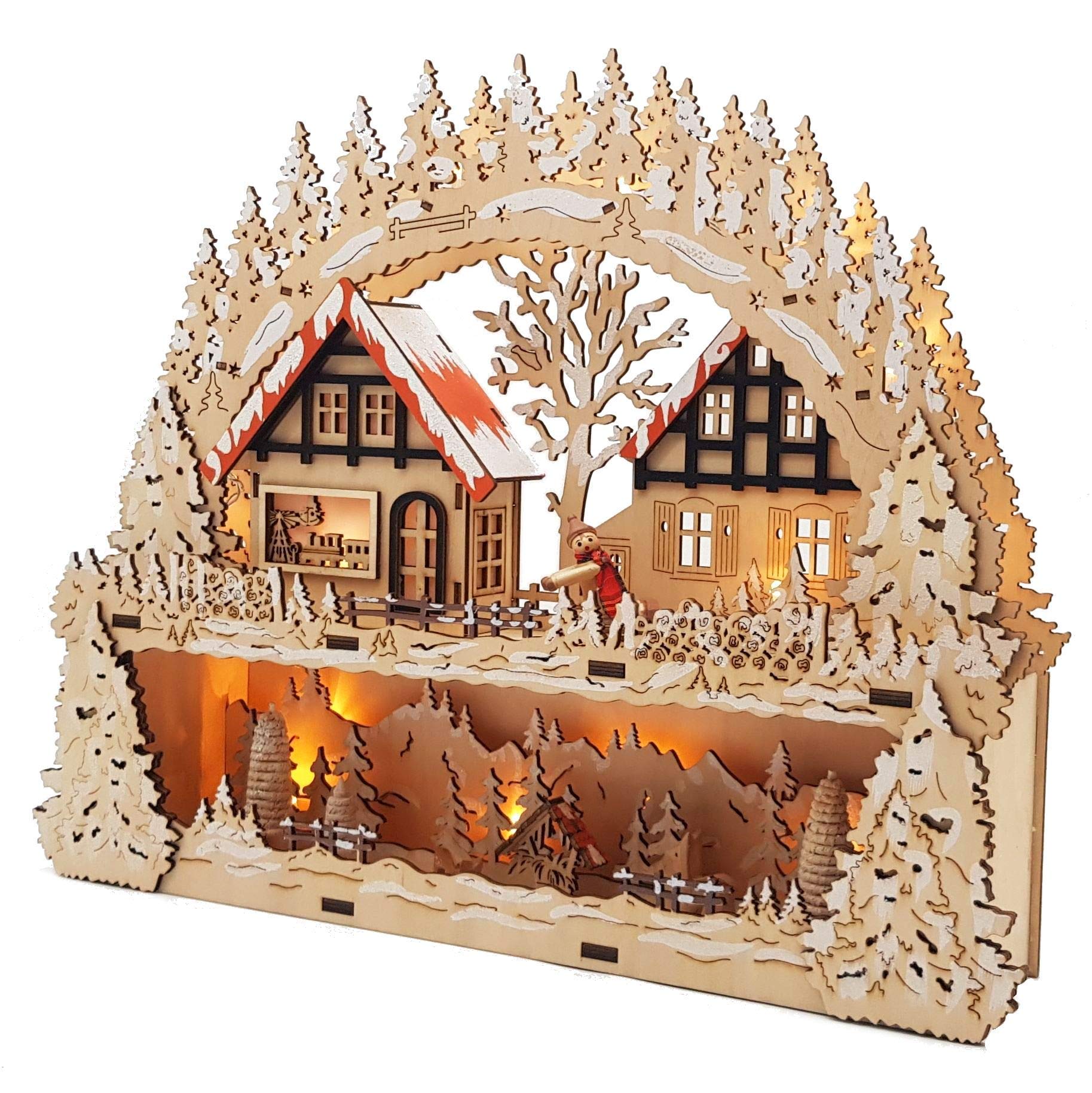 Wichtelstube-Kollektion Holzkunst LED Schwibbogen mit Podest Winterdorf Schwibbogen Lichterbogen Weihnachtsdeko Fensterbank Echtholz, Batteriebetrieben mit Timer 44cm Breite