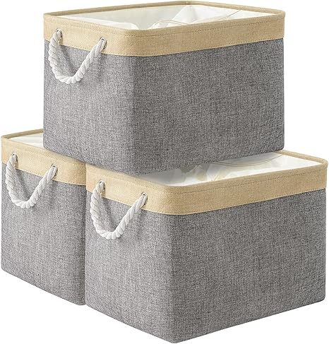Amazon Gctisac収納バスケット 収納かご 巾着付き 40 31 31cm 3個セット 小物入れかご 衣類 収納ボックス 整理用 おしゃれなインテリア雑貨 可愛い収納かご 収納ボックスセット おもちゃ収納 折り畳み式ファブリック綿麻製 防水防湿 高耐久性 取っ手付き ゴールドグレー