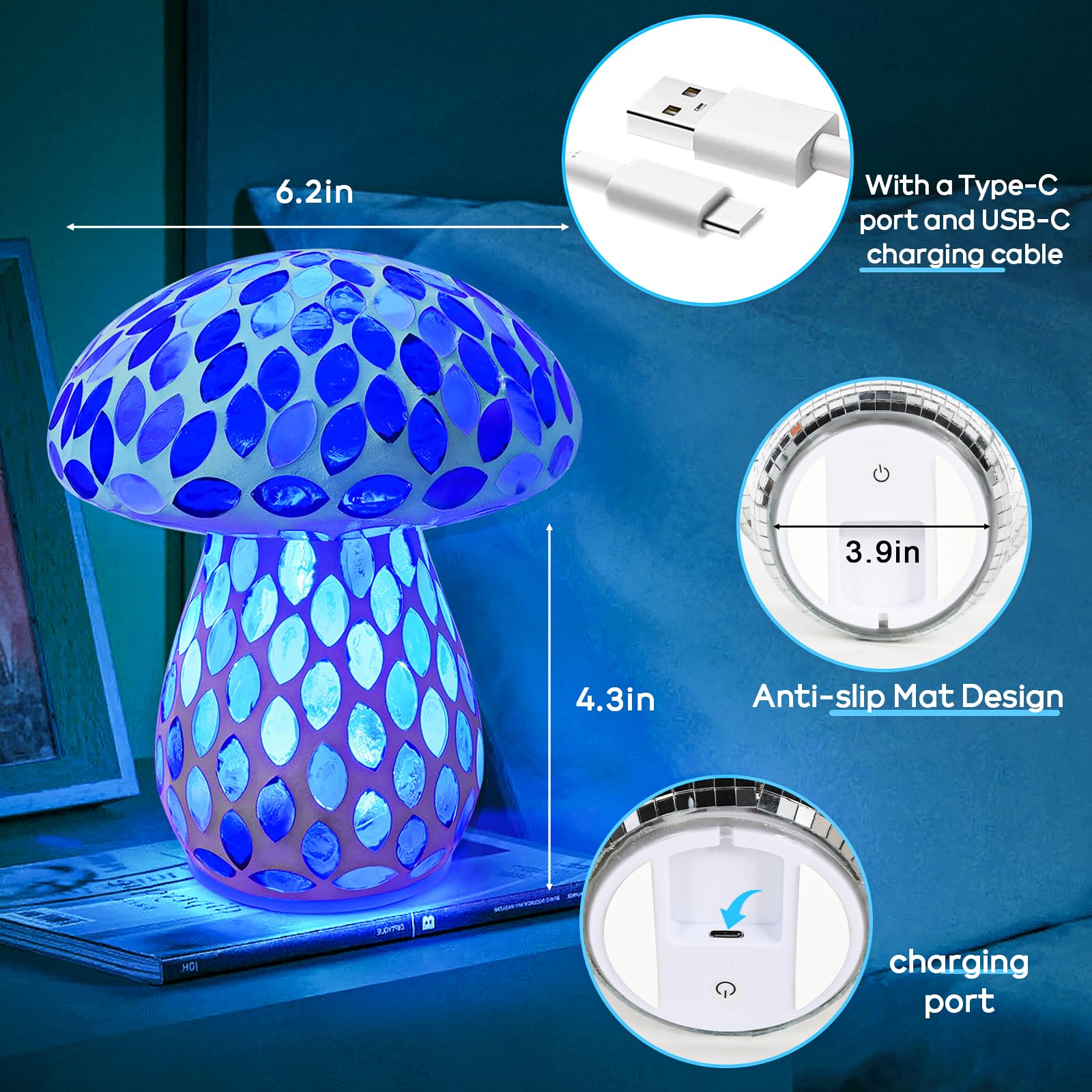 MAGCHARM Halo Mushroom Lamp, 5W Cute Cordless Rechargeable Table Lamp With Glass Shade, 3 Color Temps LED Dimmable Ambient Lighting, Small Retro Touch Bedside Light For Bedroom Decor, Mustard Yellow