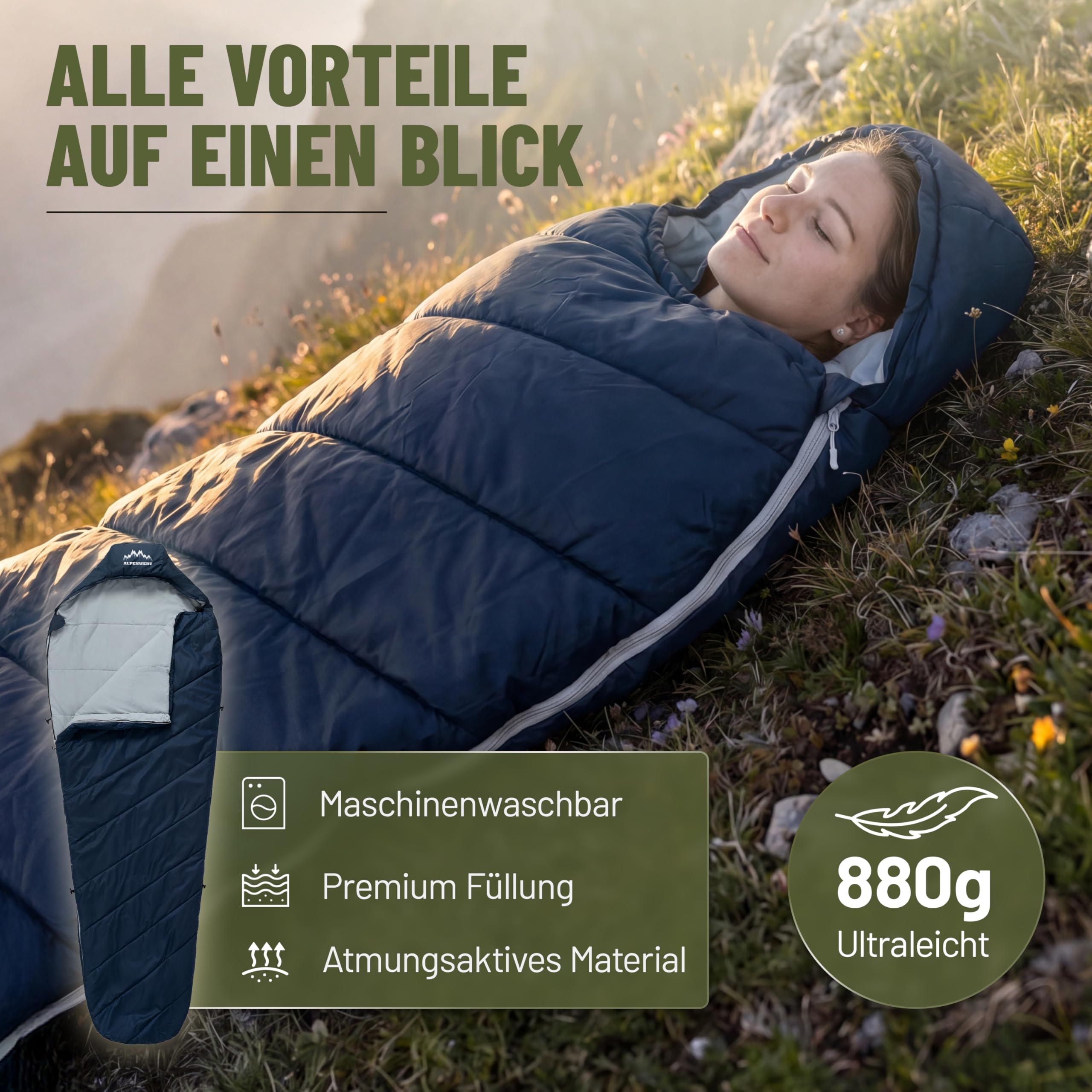 ALPENWERT® Schlafsack Sommer Ultraleicht & klein [17x27cm Packmaß] – Wasserabweisend, YKK Reißverschluss, Kältebrücke & Einklemmschutz – Perfekt für Camping & Festival