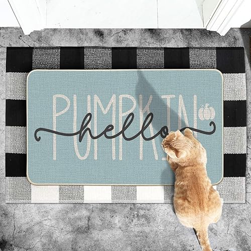 Miniatura 5 de Artoid Mode Felpudo de otoño con texto en inglés "Hello Pumpkin", color azul, para decoración del hogar, tapete de bajo perfil, tapete de piso para