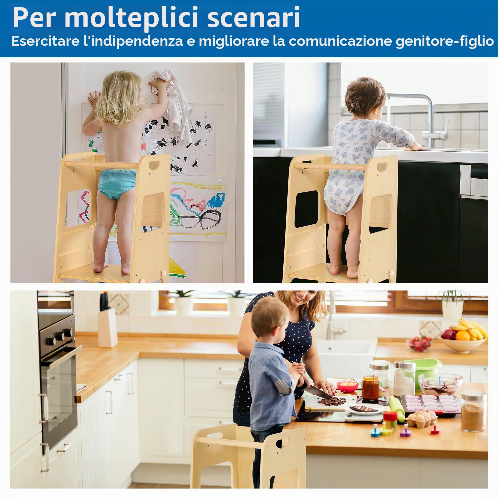 Bateso Torre Montessoriana in legno regolabile per bambini 1–3 anni, con reti staccabili, piedini di supporto e tappetini antiscivolo – Sgabello da cucina per cameretta