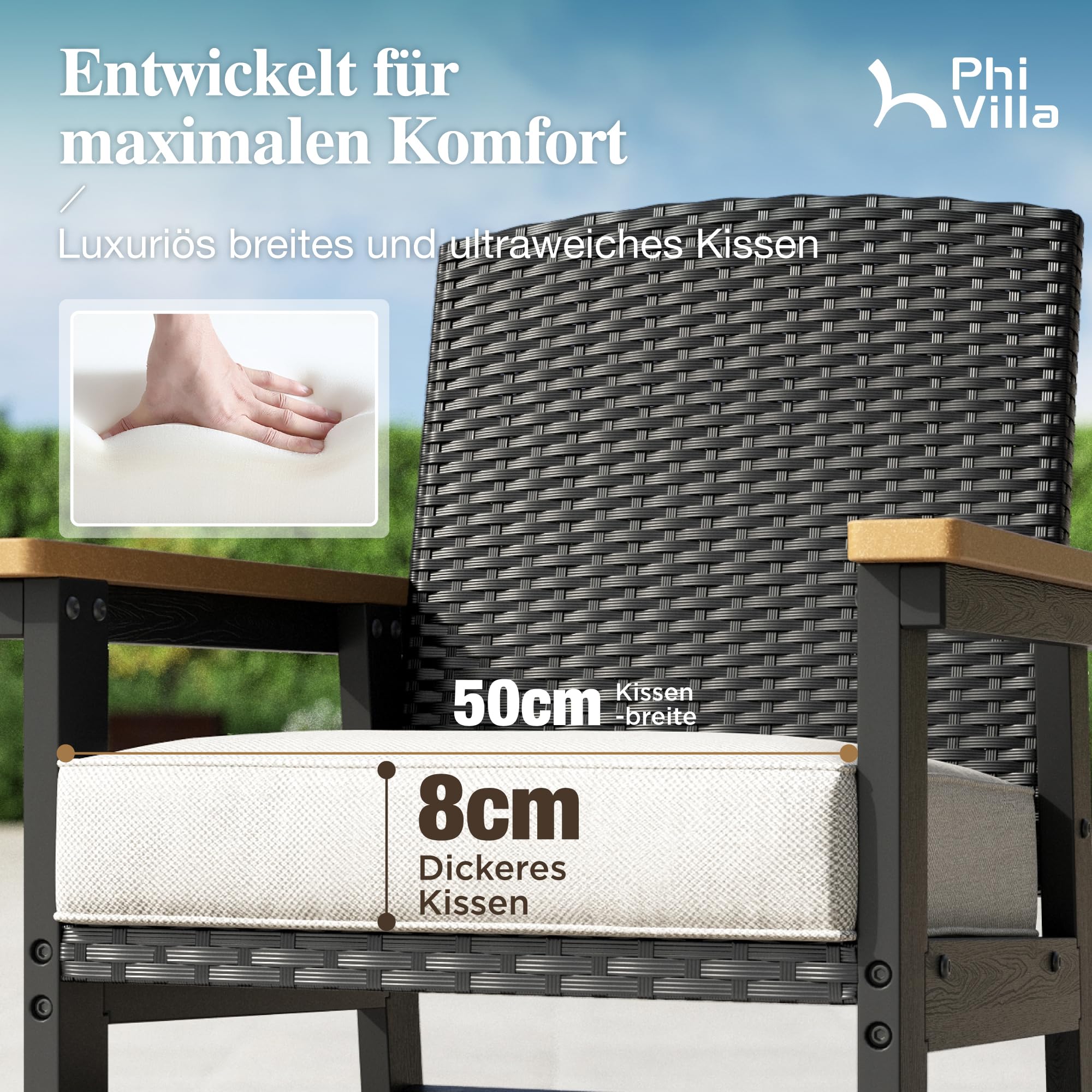 PHI VILLA 7-teiliges Rattan Gartenmöbel Set mit Esstisch und 6 Stühlen, Gartentisch Wetterfest und Gartenstuhl mit Dickerem Kissen, E-Beschichtung Metall Terrassenmöbel Outdoor Balkonmöbel Set für 6