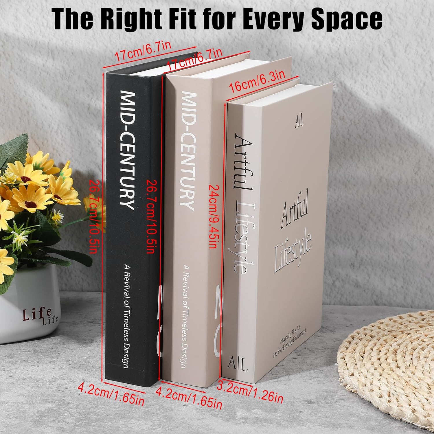 3pcs decorative books for home decor aesthetic coffee table bookshelf mantel decor, minimalist fake books for home decoration with hidden storage, black brown gray