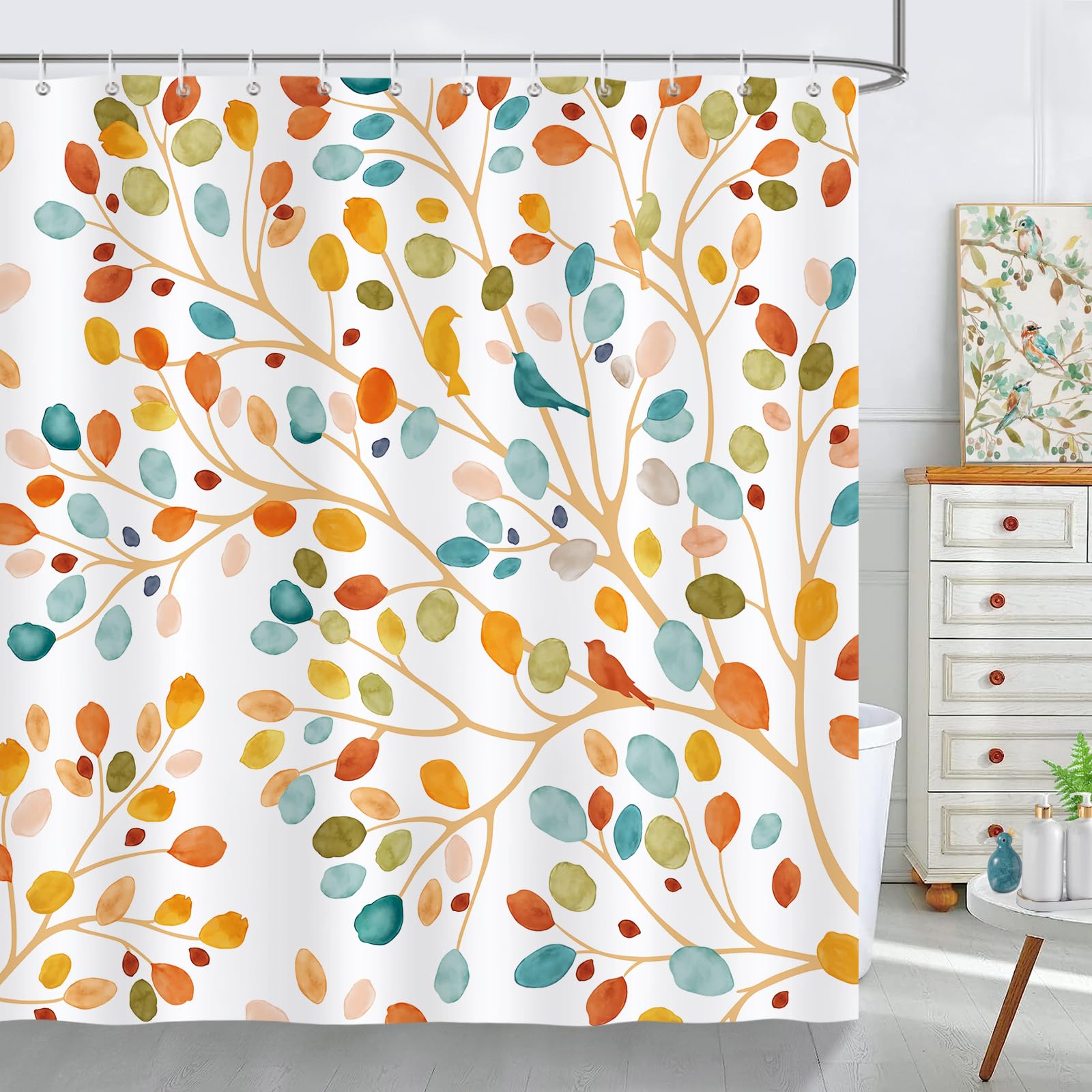 Bonhause Cortina de Ducha Boho Floral Hojas de Acuarela Coloridas Plantas Moderno Abstracta Cortina de Baño de Poliéster Impermeable Antimoho Lavable Cortina Ducha 180 x 180 cm con 12 Ganchos