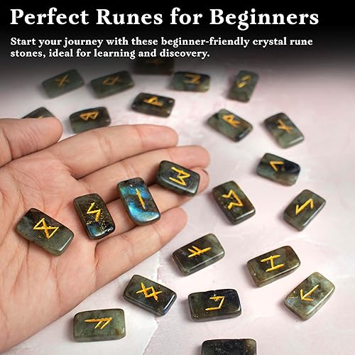 Miniatura 5 de Juego de piedras de runa de labradorita, piedra pulida, suministros de brujería de élder Futhark, piedras preciosas runas espirituales vikingas