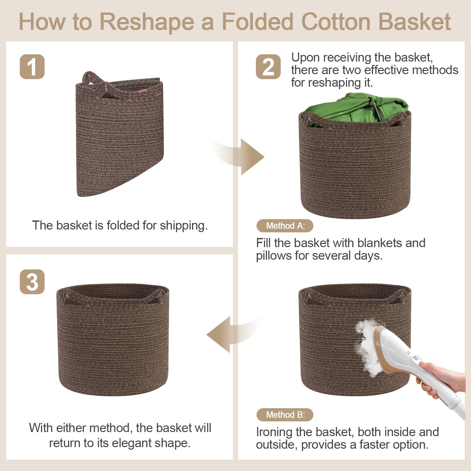 Cotton Rope Basket 15”x15”x14” Large Storage Basket Collapsible Laundry Hamper Blanket Basket Lovely Cat Ears Organizer Bin with Handles Woven Storage Baskets for Living Room, 41L, Brown