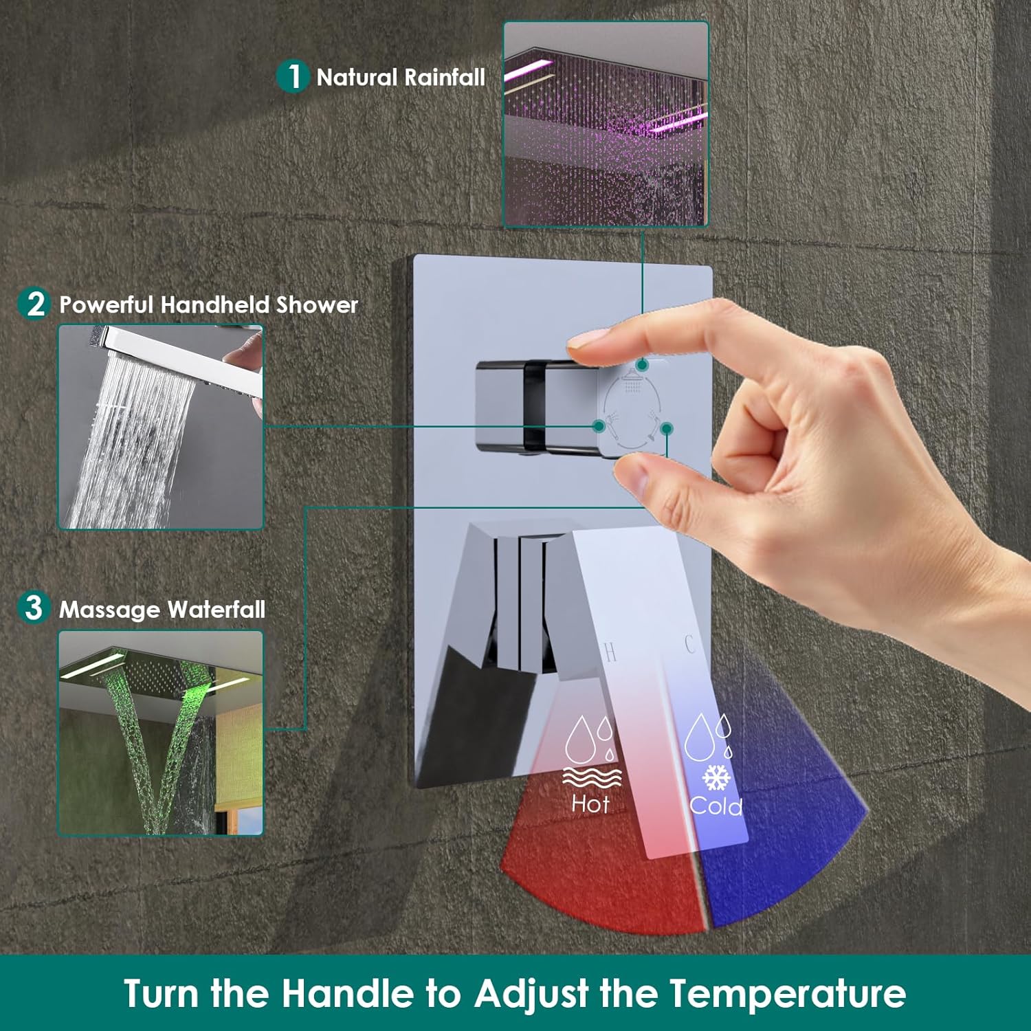 20x14-Inch Luxury LED Spa Shower System Rainfall Waterfall 2 Modes Showerhead with Remote Control, 3 Way Mixer Valve, Chrome