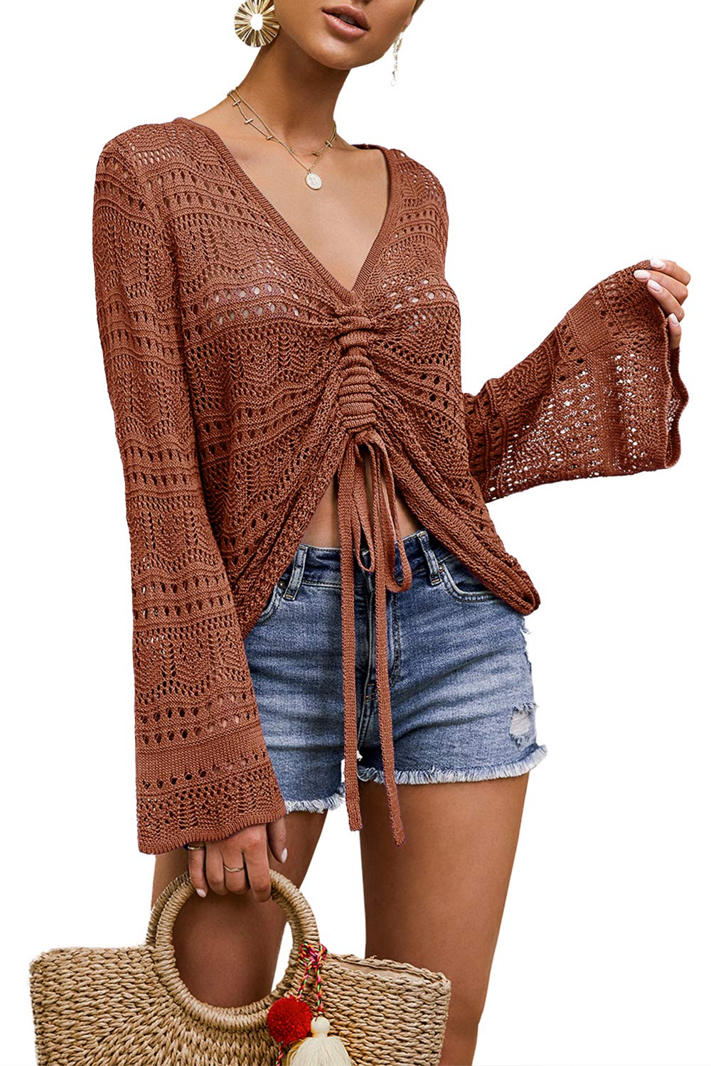 SaodimallsuWomens Boho Off Shoulder Sheer Crop Tops Bell Sleeve Flowy Oversized Crochet Ruched Pullover Sweaters