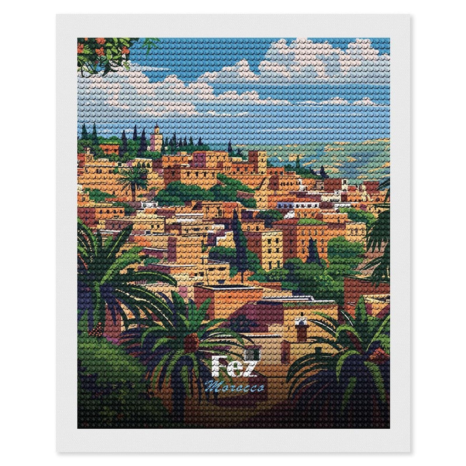 Junmoney Fez, Morocco Travel Diamond Painting Canvas Set 16"x20", for Adults, Sparkling Round Gems, Thoughtful Handmade Gift, Modern Decor