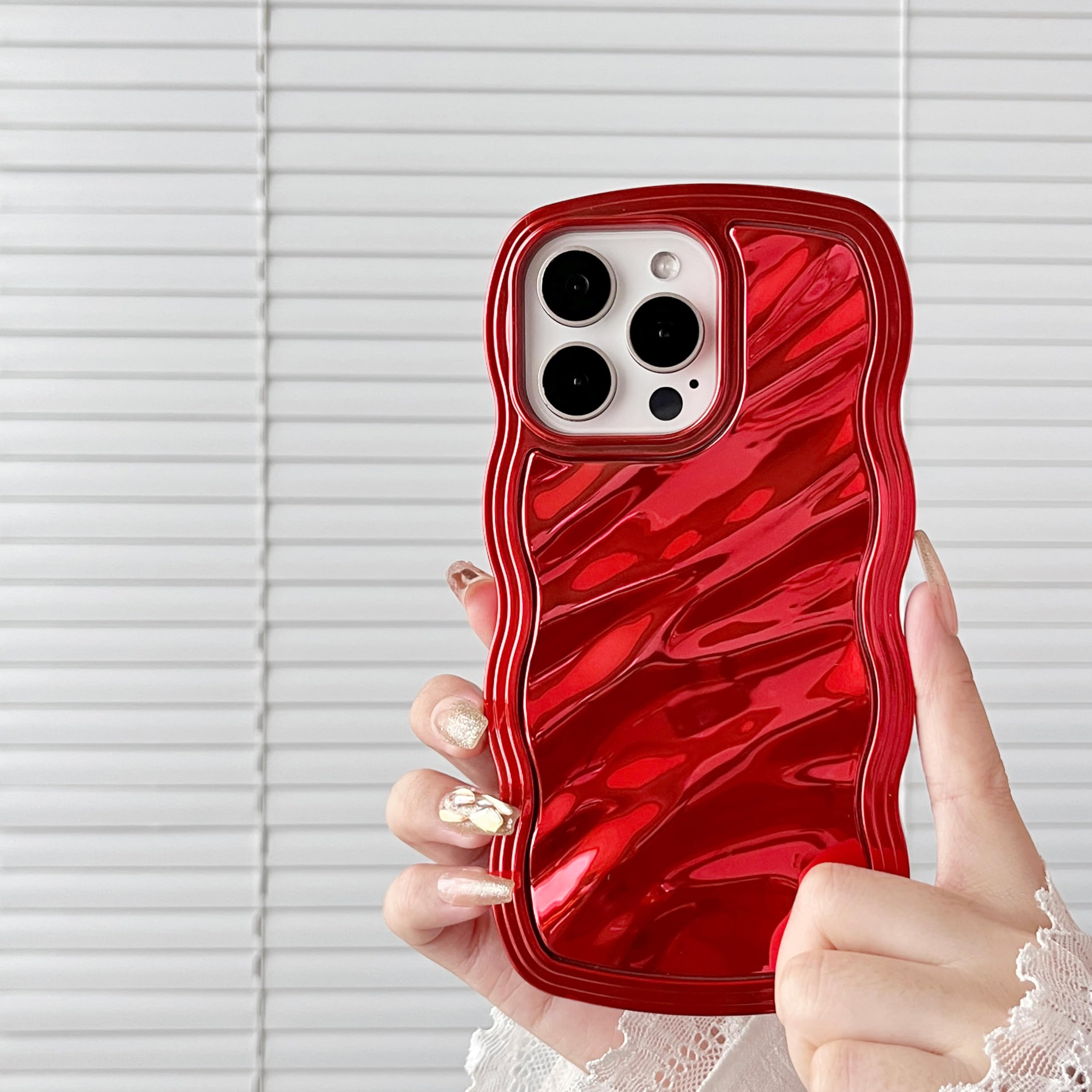 FABSPARK Case for iPhone 12 Pro Max/iPhone 13 Pro Max, 3D Wave Water Ripple Pattern Electroplate Plating Curly Wavy Frame Case, Shiny Red