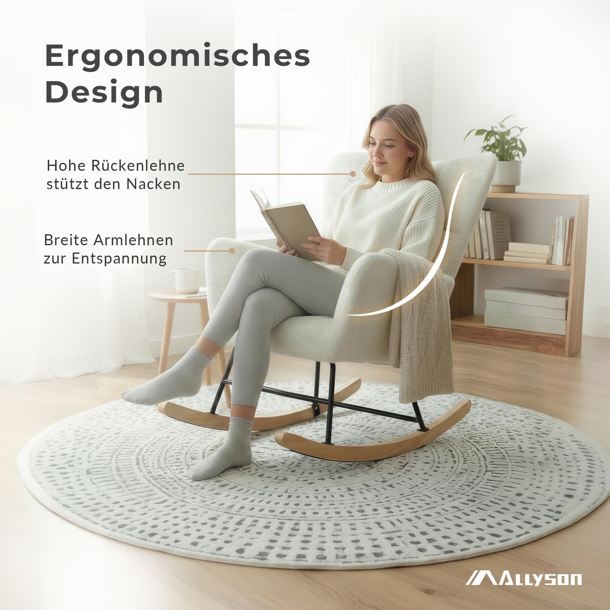 Allyson Schaukelstuhl Weiß – Flauschiger Relaxsessel & Lesesessel mit Holz-Armlehnen – Moderner Stillsessel für Wohnzimmer, Balkon & Indoor - Weiß