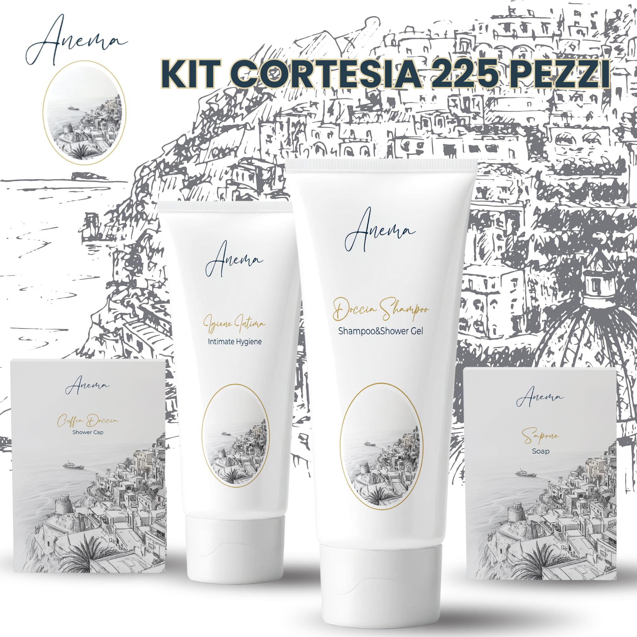 Kit Cortesia B&B Hotel Albergo Bagno Monouso 225 pezzi 100x Doccia Shampoo 30ml 50x Igiene Intima 20ml 50x Sapone Tondo 15g in Astuccio 25x Cuffie Doccia in Astuccio