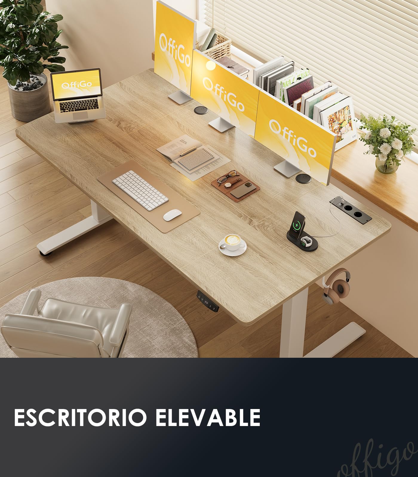 OffiGo Escritorio Elevable, 160x80cm Mesa Elevable Escritorio con Enchufes y Carga USB, Mesa Regulable Altura con 2 Memorias, Standing Desk para Oficina, Casa, Juegos, Beige