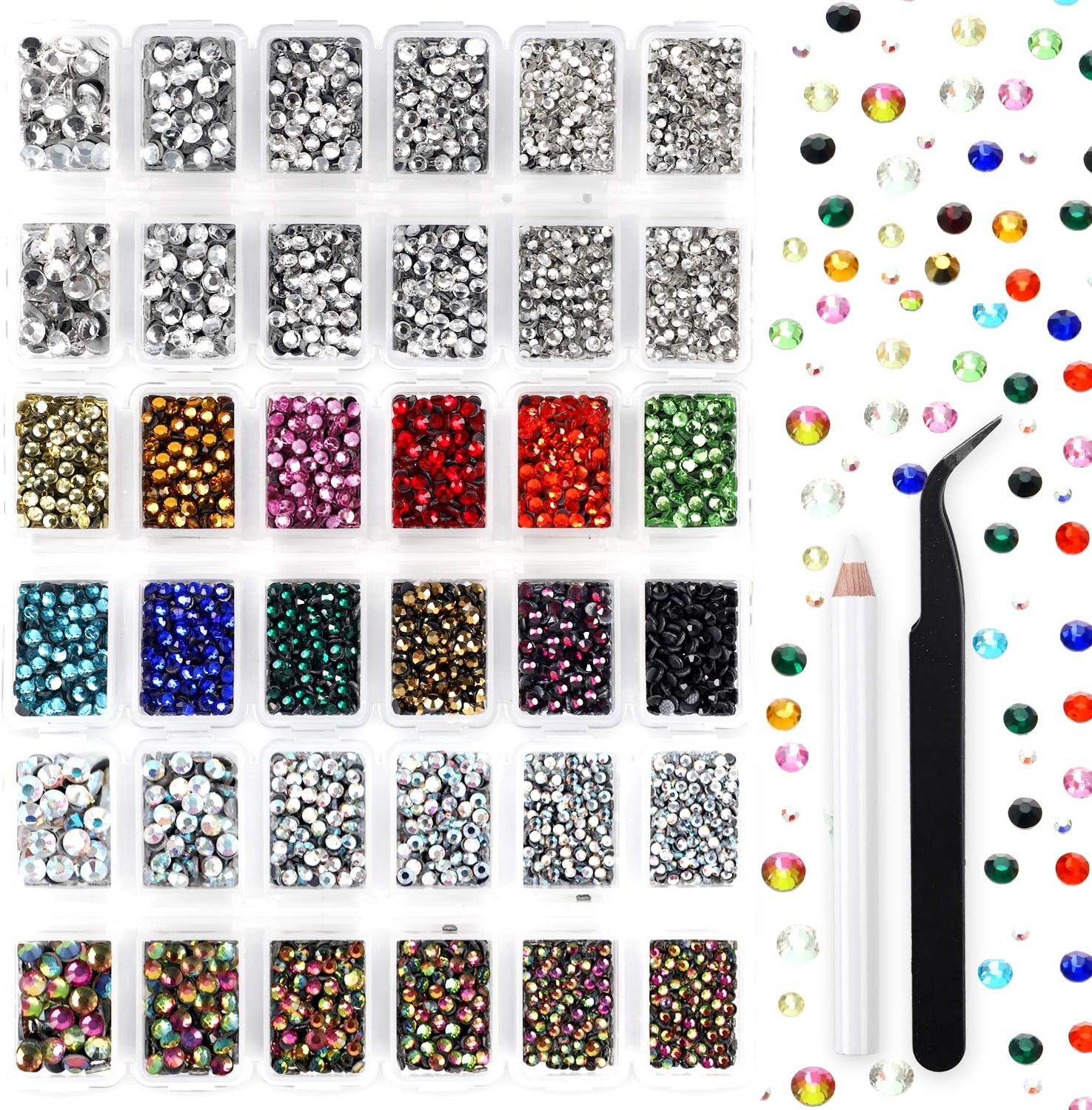 UOONY 10272pcs Hotfix Rhinestones, Flatback Glass Gems Set with 4 Sizes Clear and AB Crystal, 12 Mixed Color Rhinestones Bulk for Crafts Makeup Nails Face Clothes Shoes