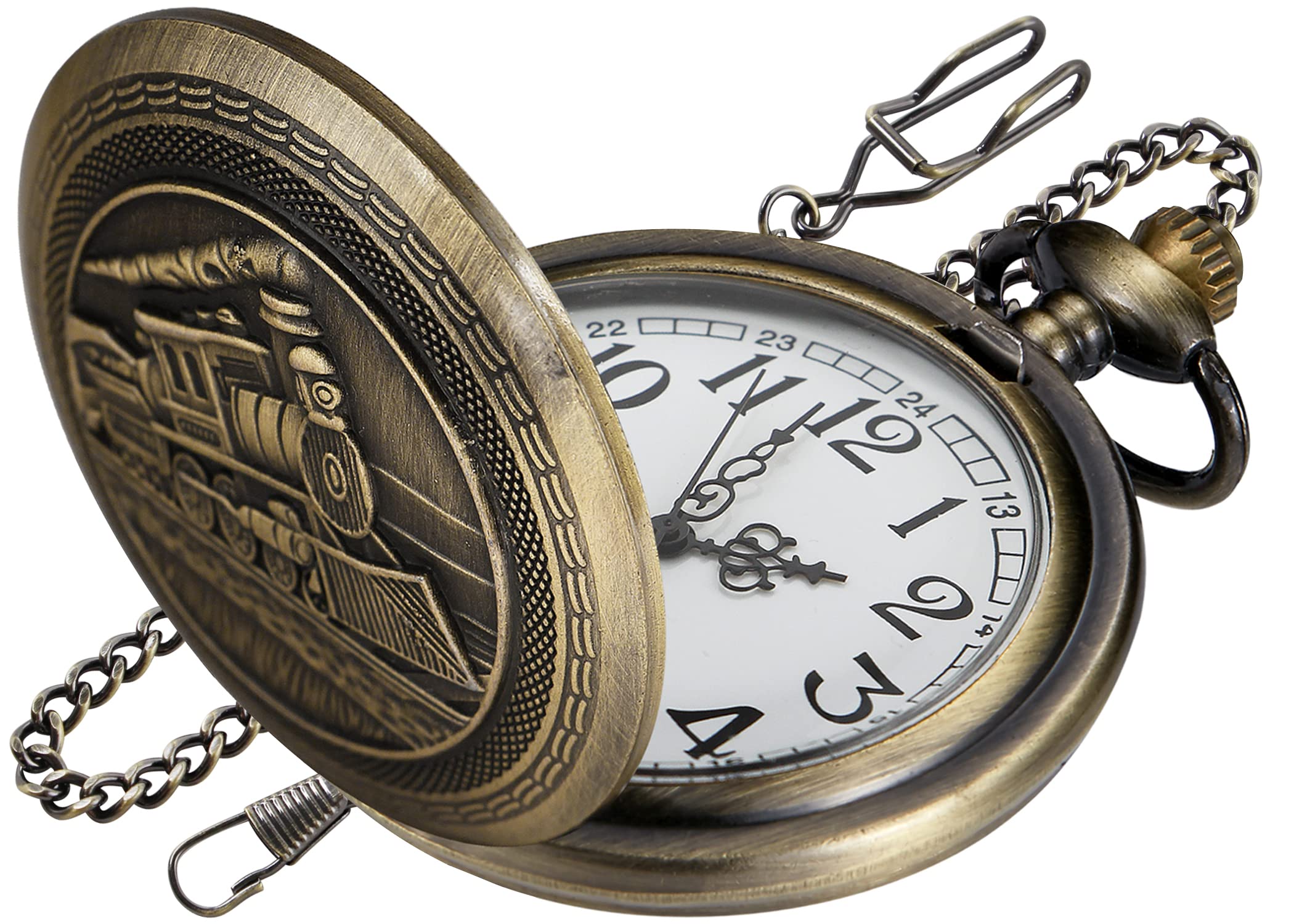 Realpoo Quartz Pocket Watch for Men, Bronze, Analog Display, Arabic Numerals, Stainless Steel Band, 12-hour Time, Includes Chain