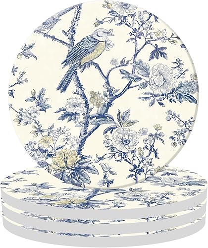 4 posavasos florales para pájaros, chinoiserie, diseño de flores azules, de cerámica, absorbentes, para el hogar, cocina, oficina, fiesta,