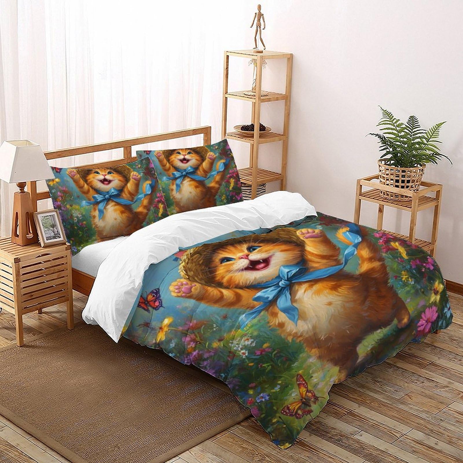 Housse de couette double Chaton 200x200cm en microfibre douce avec deux taies d'oreiller animaux