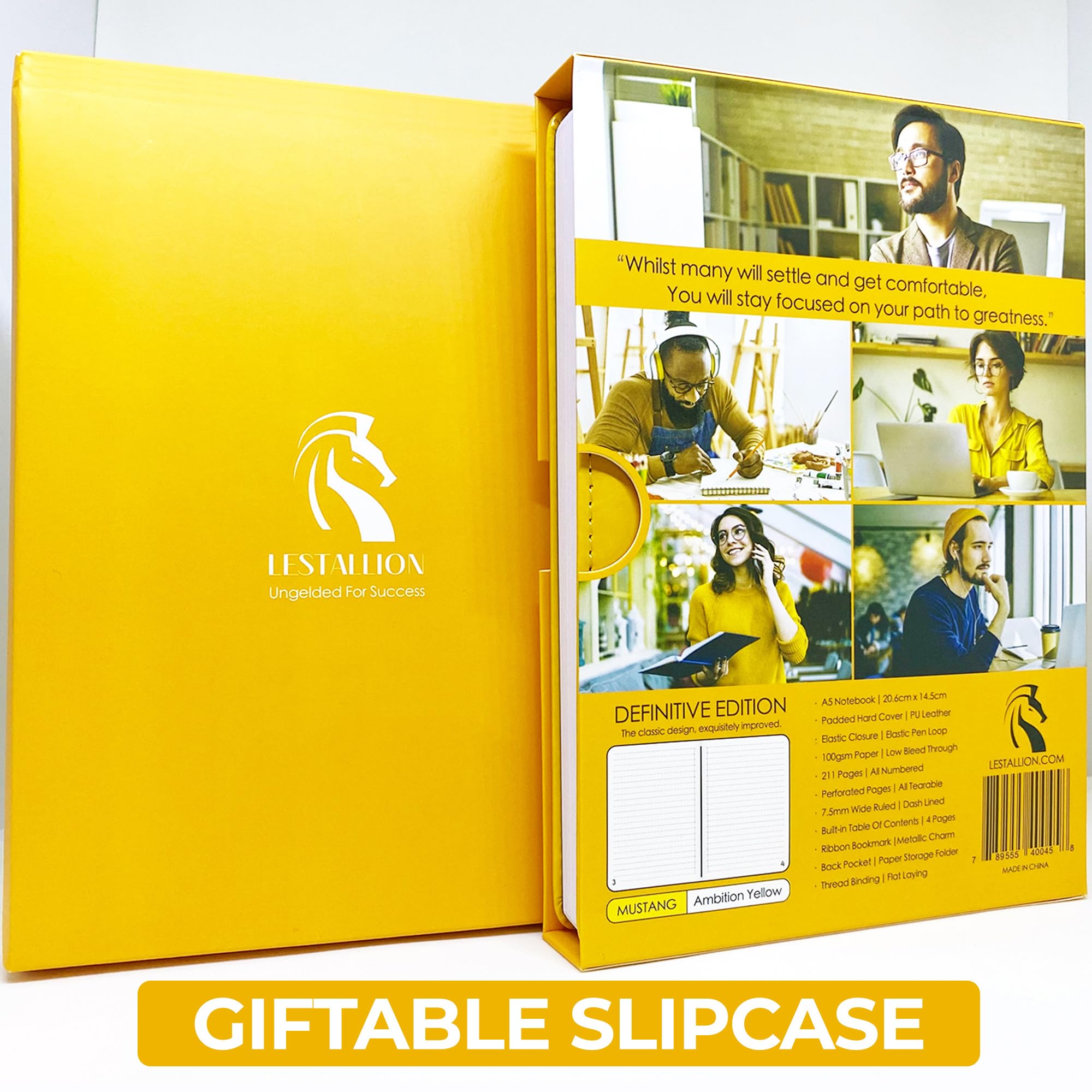 LeStallion LS2 Hardcover-Notizbuch, gelbes A5-Notizbuch zum Schreiben, 100 g/m², gebunden, gelbes Tagebuch, 216 perforiertes, liniertes Papier, Kunstleder-Tagebuch, liniert, fester Einband
