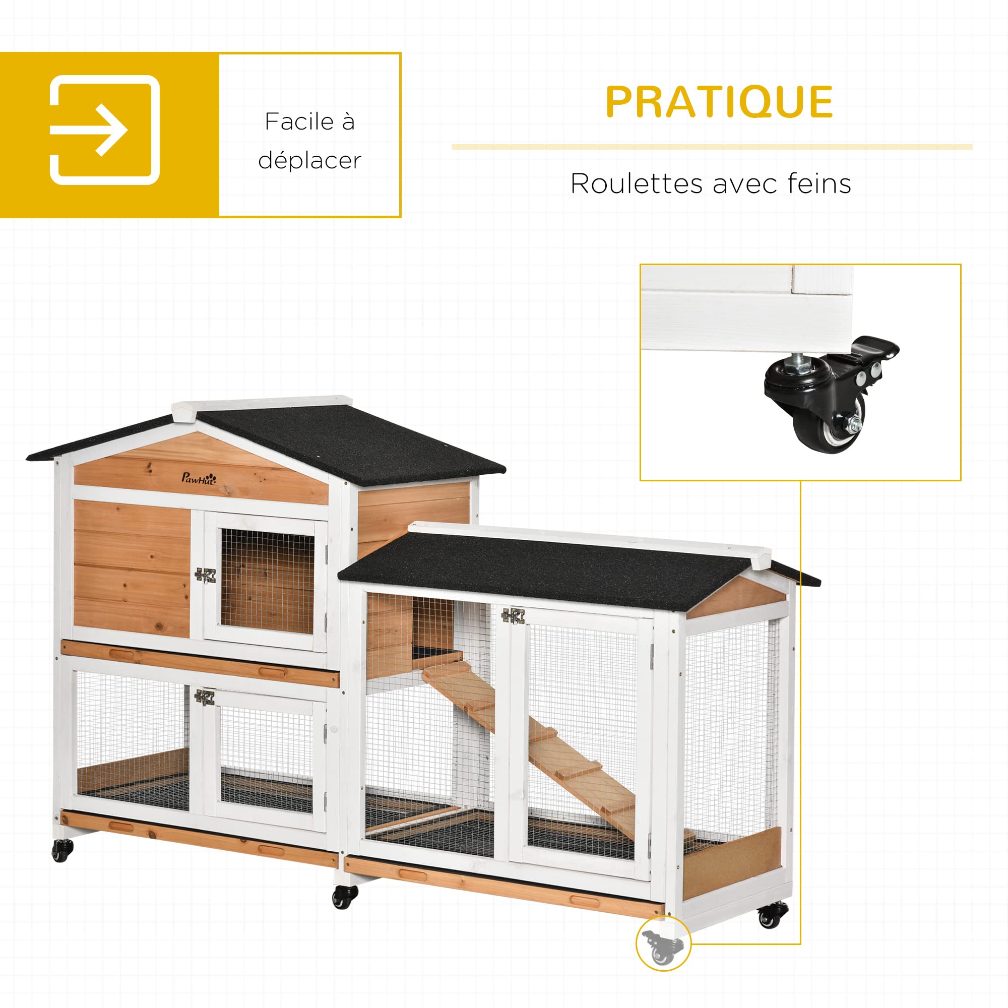 PawHut Clapier Bois pour Lapins Petit enclos Animaux Villa pour Lapin sur roulettes 2 étages 3 Plateaux coulissants 157,4 x 53 x 99,5 cm Jaune