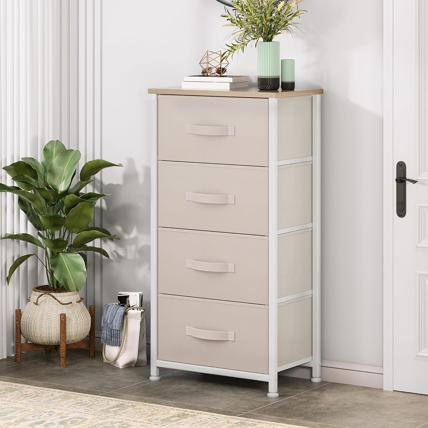 Assembled YITAHOME 4-Drawer Fabric Dresser in a hallway setting.