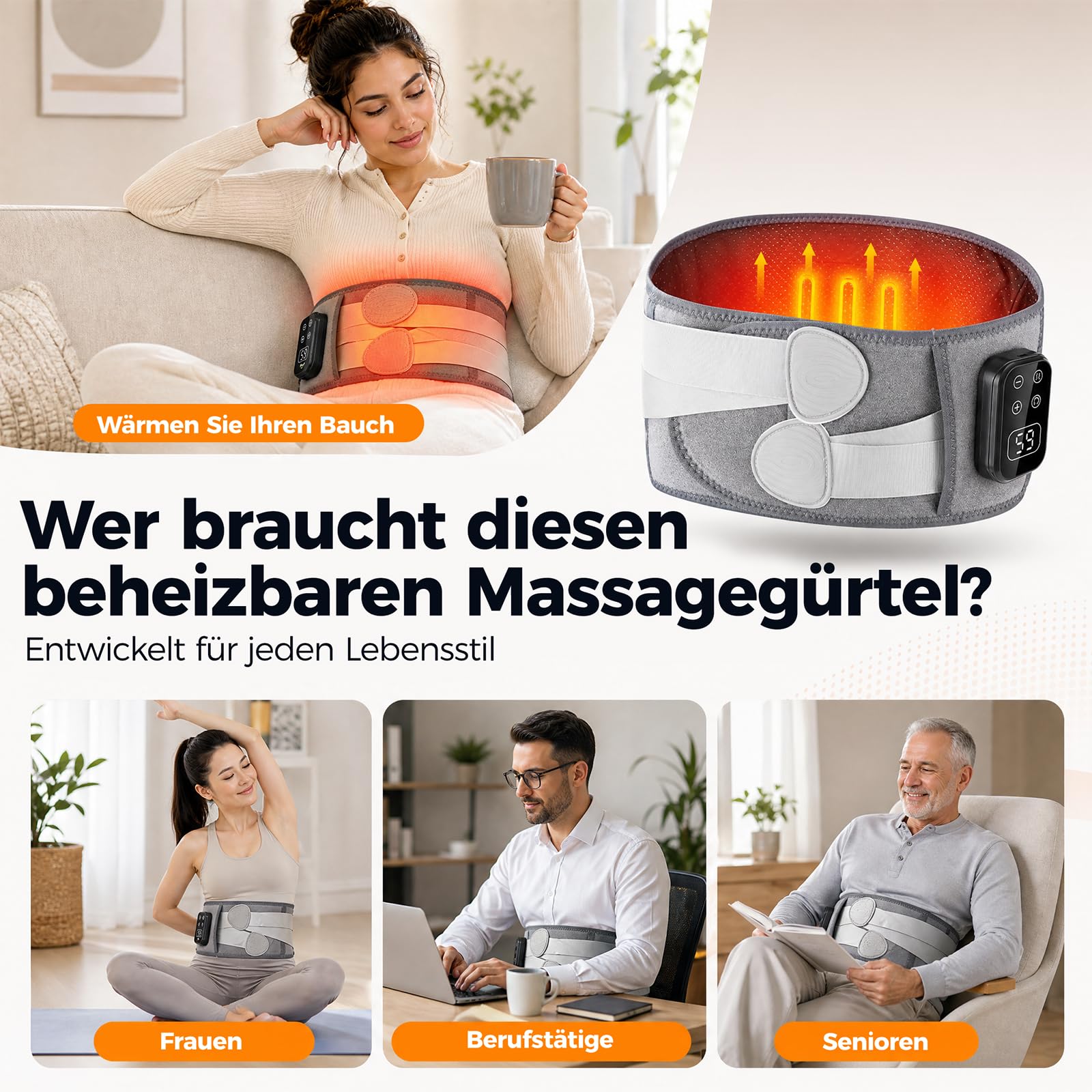 Wärmegürtel Rücken Heizkissen Kabellos Massagegerät, Elektrische Heizmatte Taillengurt mit 5 Massagemodi 3 Wärmestufen Touchscreen Für Den Unteren Rücken Geschenk für Frauen Männer